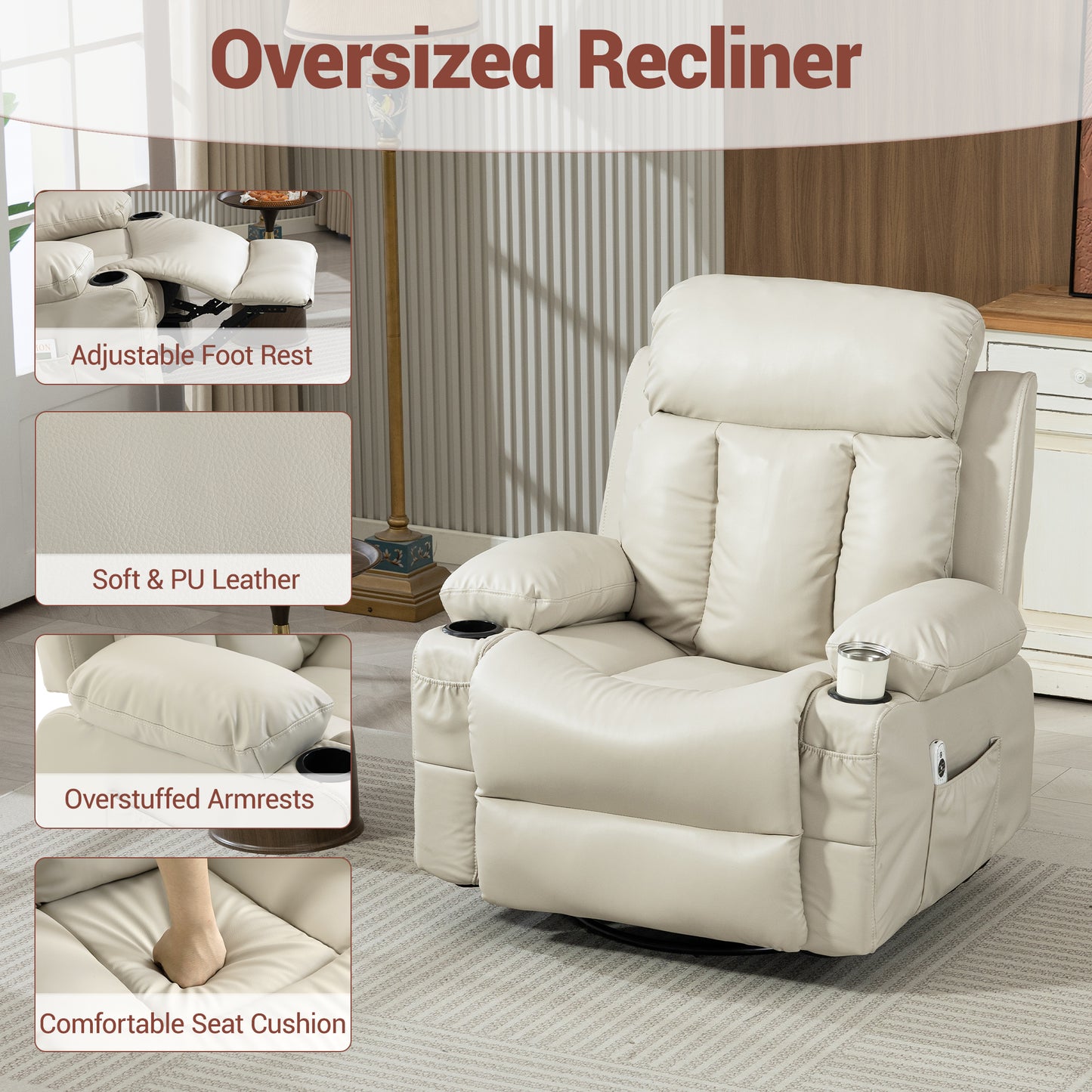 Delmango Power Recliner Chair for Audlts PU Leather Swivel Rocker Recliner Chair Massage Sofa Chair for Living Room Beige