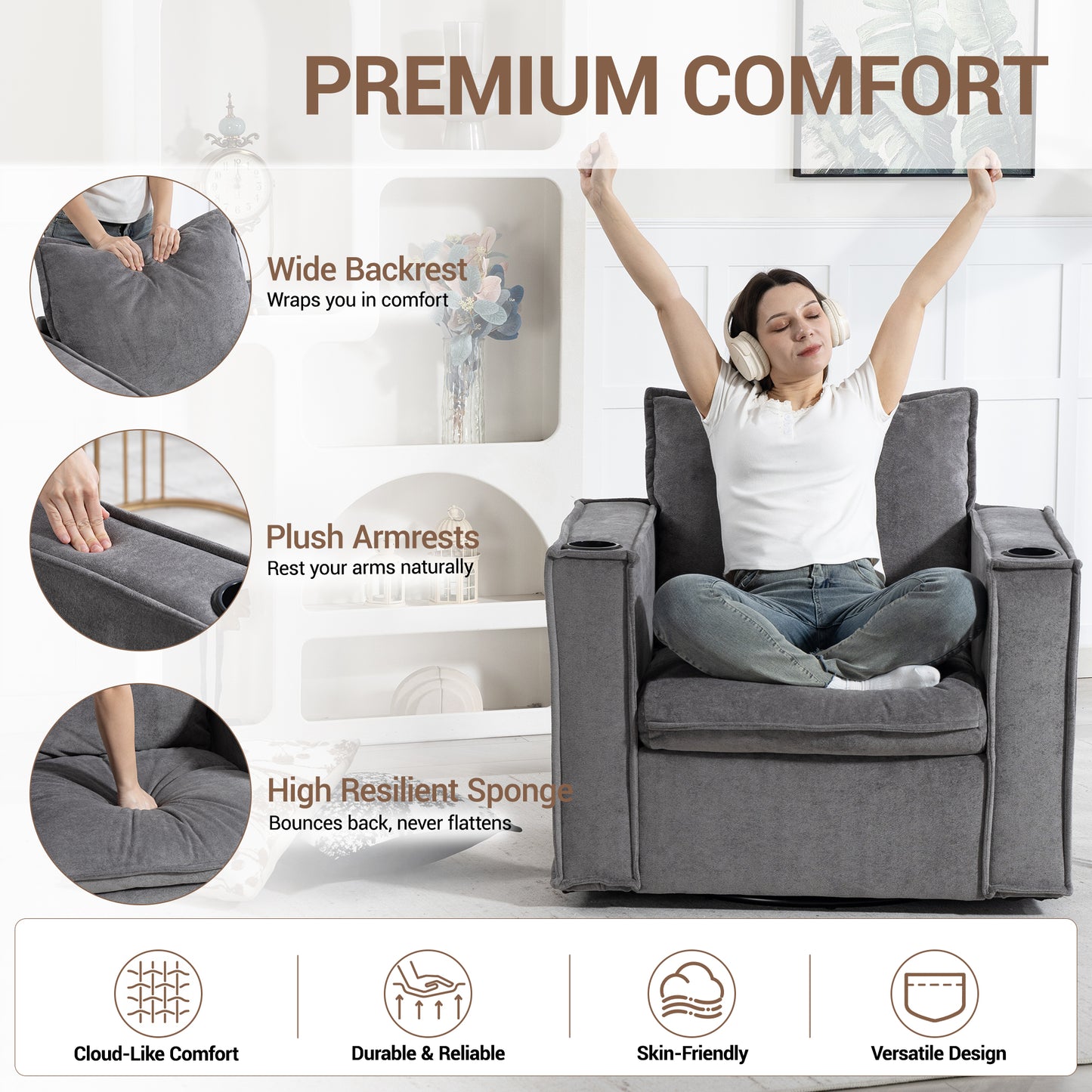 Delmango 32¡° Wide Swivel Accent Chair Set of 2, Comfy Couch with Cup Holders and Side Pockets, Modern Sofa Chair for Living Room, Bedroom, Corner, Gray