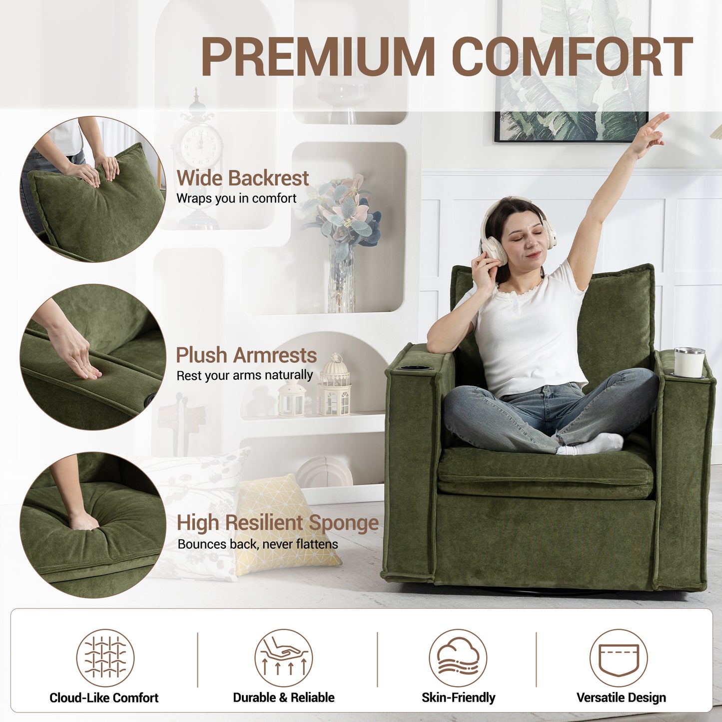 Delmango 32¡° Wide Swivel Accent Chair, Comfy Couch with Cup Holders and Side Pockets, Modern Sofa Chair for Living Room, Bedroom, Corner, Green