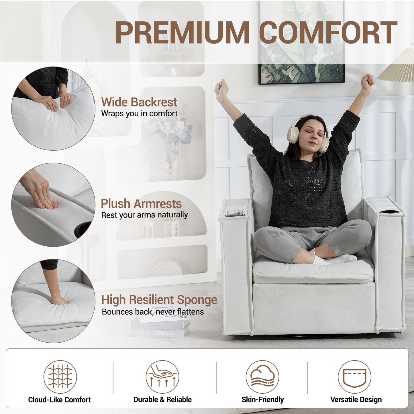 Delmango 32¡° Wide Swivel Accent Chair, Comfy Couch with Cup Holders and Side Pockets, Modern Sofa Chair for Living Room, Bedroom, Corner, Beige