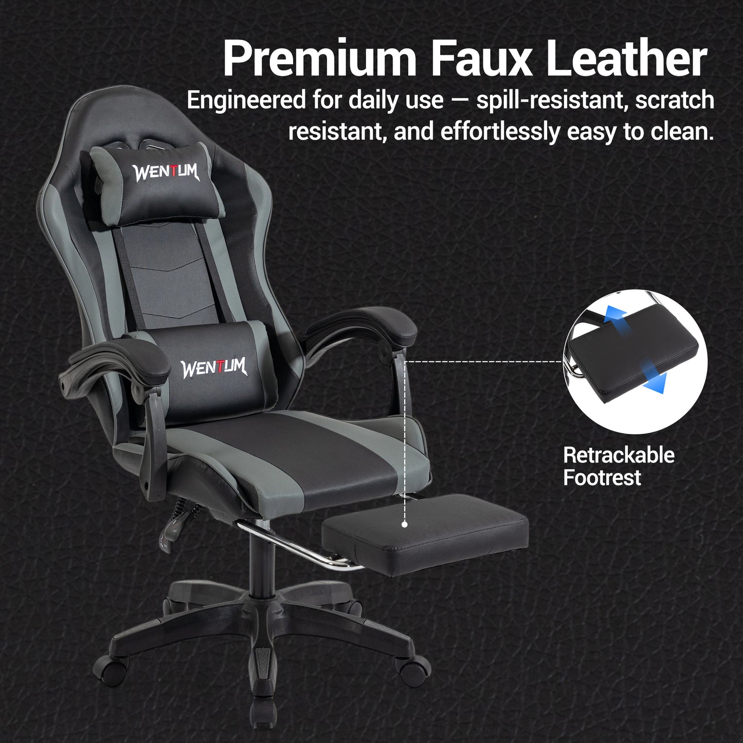 DELMANGO Gaming Chair Ergonomic Office Chair with Adjustable Headrest & Footrest, 90-135¡ã Recline, 360¡ã Swivel,Black/Grey
