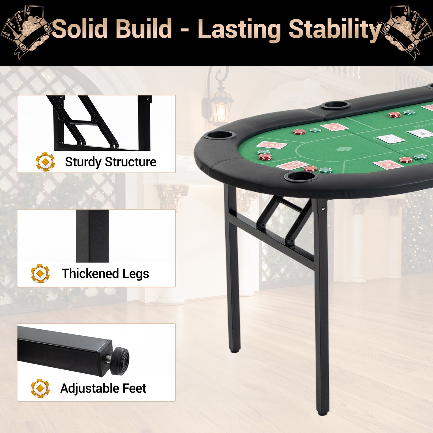 DELMANGO Foldable Poker Table for 8 Players Oval Game Table with Cup Holders & Chip Trays, Portable Casino Table for Texas Holdem, Blackjack, Home Game Nights Green