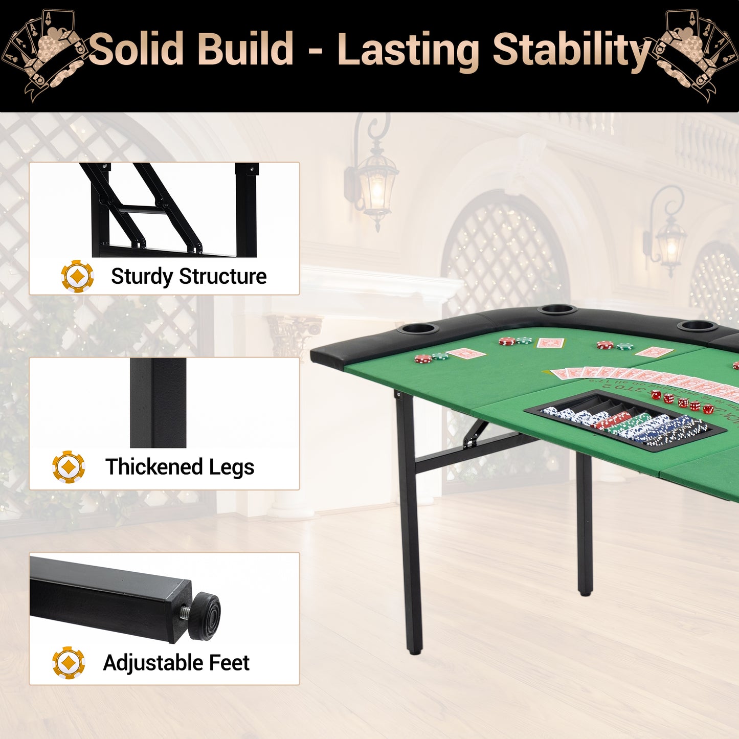 DELMANGO Foldable Poker Table for 7 Players Fan-Shaped Game Table with Cup Holders & Chip Trays, Portable Casino Table for Texas Holdem, Blackjack, Home Game Nights Green
