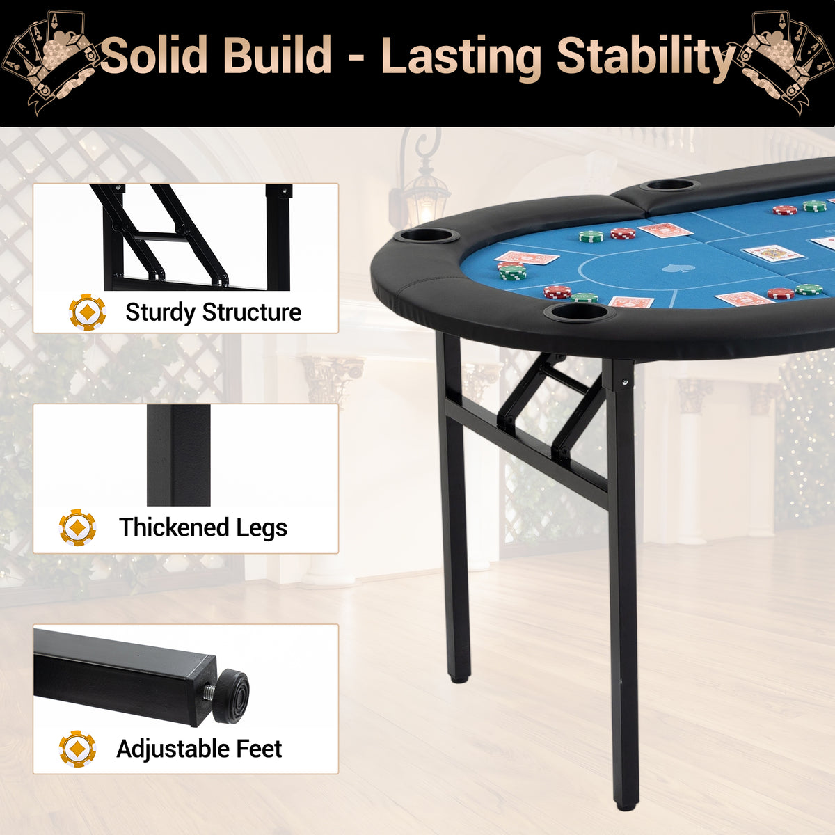 DELMANGO Foldable Poker Table for 8 Players Oval Game Table with Cup Holders & Chip Trays, Portable Casino Table for Texas Holdem, Blackjack, Home Game Nights Blue