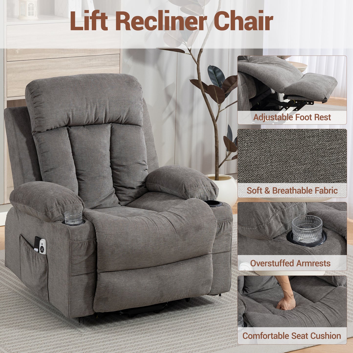 DELMANGO Power Lift Recliner Chair for Elderly, Electric Oversized Reclining Sofa with Vibration Massage & Heat, Cup Holder and USB Charging Port for Living Room, Grey