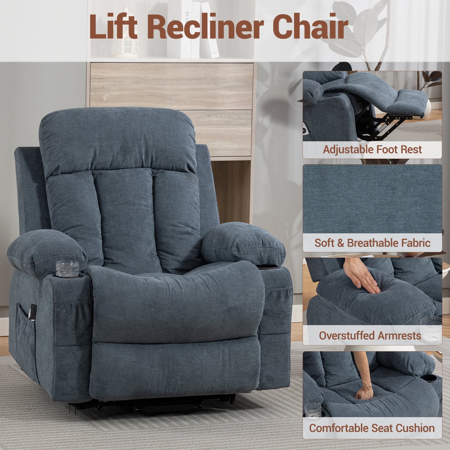 DELMANGO Power Lift Recliner Chair for Elderly, Electric Oversized Reclining Sofa with Vibration Massage & Heat, Cup Holder and USB Charging Port for Living Room, Blue