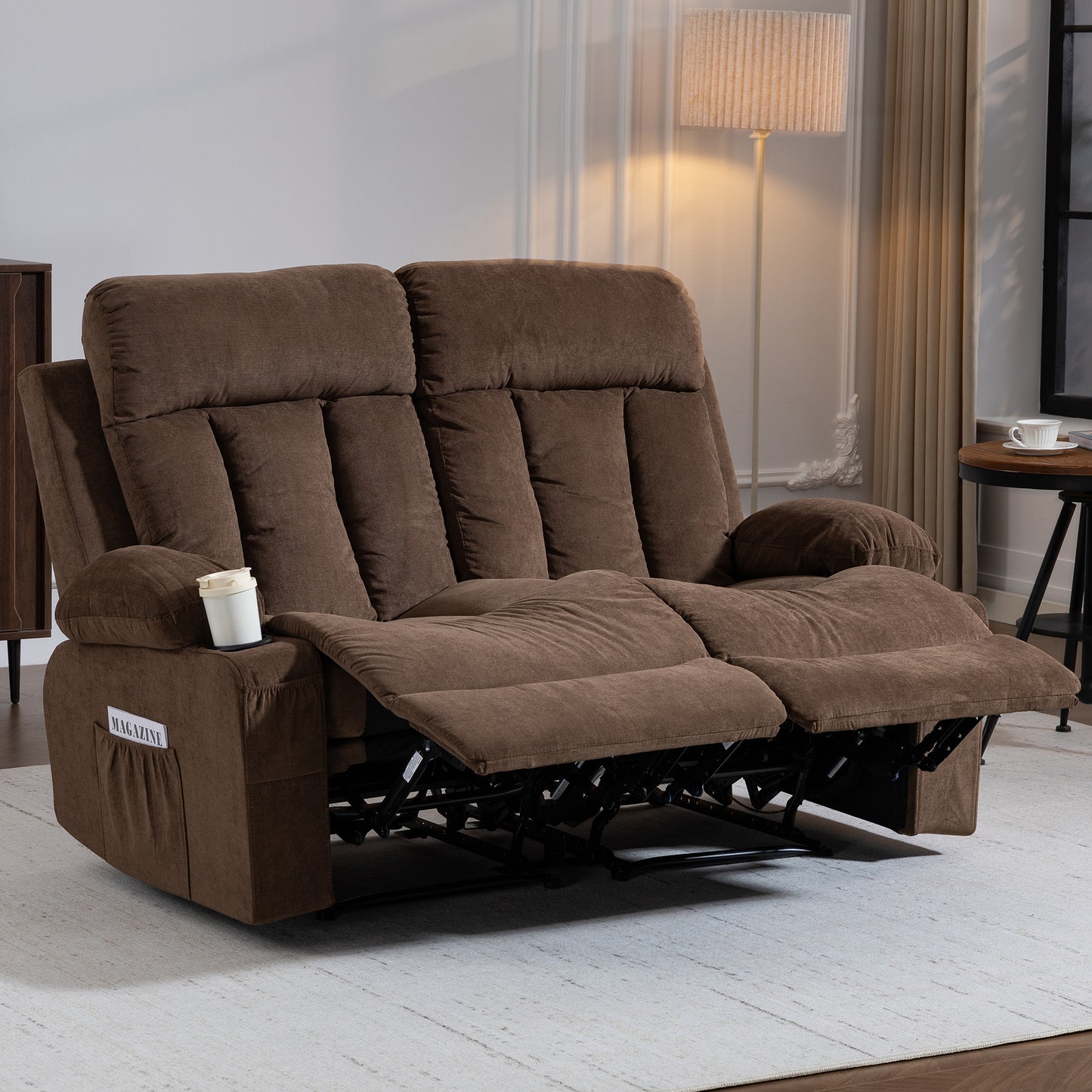 DELMANGO 2-Seater Loveseat Recliner Sofa with Cup Holders, Manual Reclining Dual Seat Couch for Living Room, Home Theater & Small Spaces, Brown