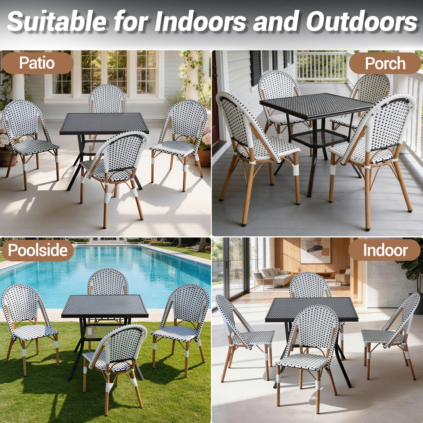 DELMANGO 2-Piece Wicker Outdoor French Bistro Chairs, Armless Dining Chairs with Metal Frame, Stackable Patio Chairs, White/Black