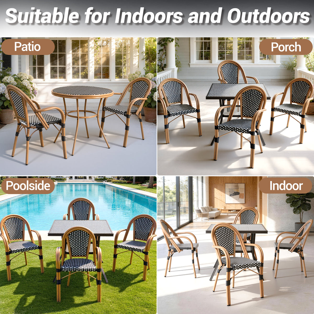 DELMANGO Metal & Faux Rattan Bistro Chair,Outdoor Arm Dining Chairs, Stackable Patio Chairs, White/Black (Set of 4)