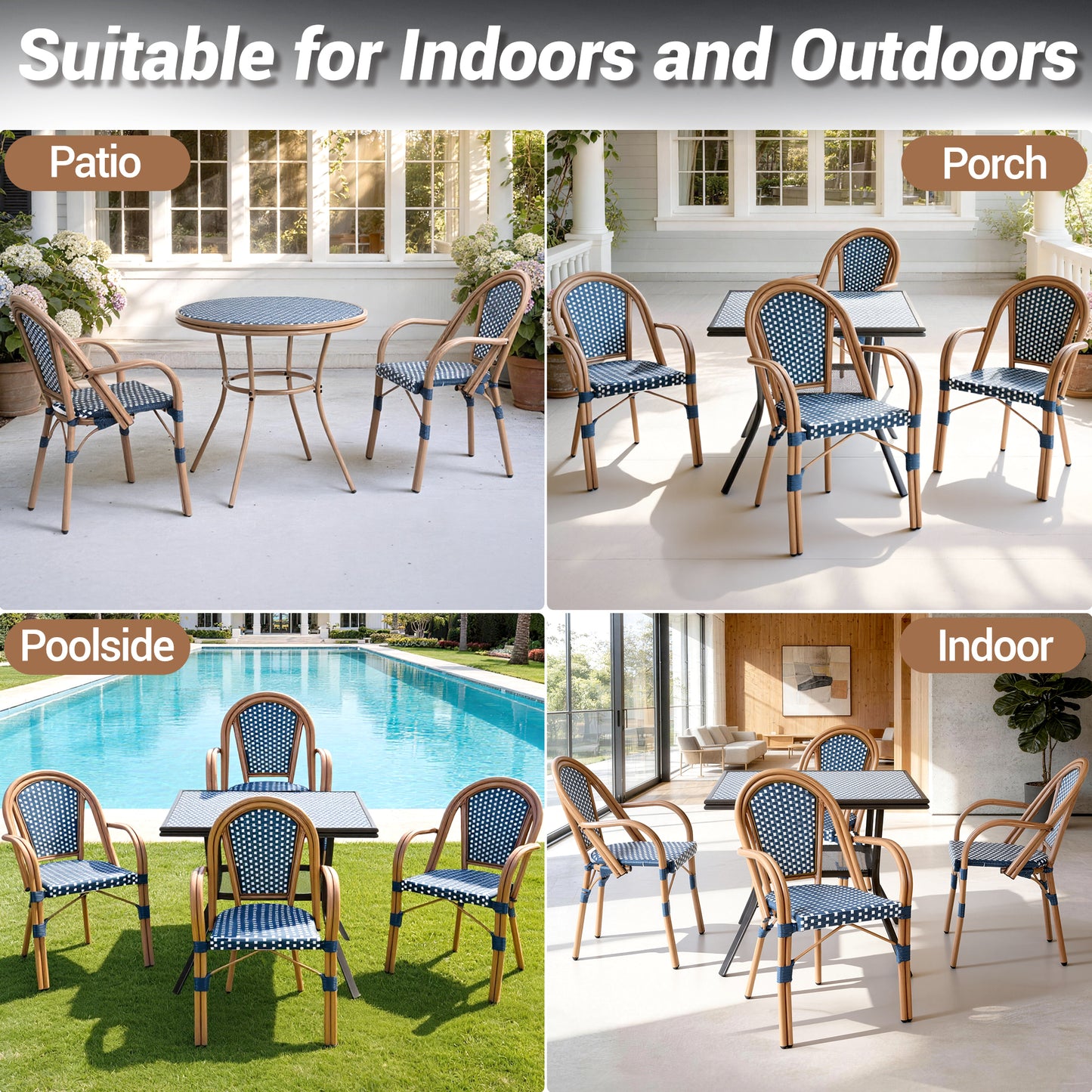 DELMANGO 3 Piece Bistro Table Chair Set, Outdoor Wicker Round Table and 2 Dining Chairs for Garden Balcony Porch, Blue/White
