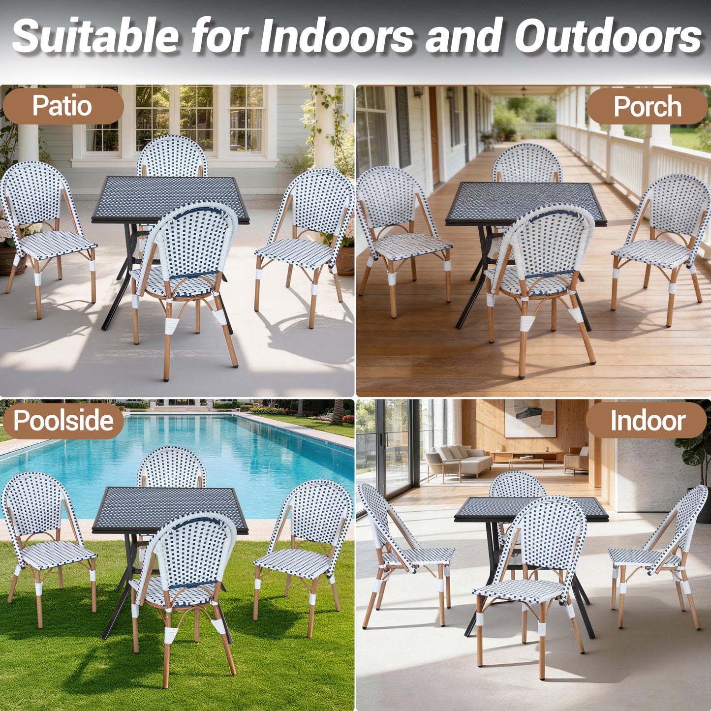DELMANGO 5 Piece Bistro Table Chair Set, Outdoor Wicker Square Table and 4 Armless Dining Chairs for Garden Balcony Porch, Blue/White