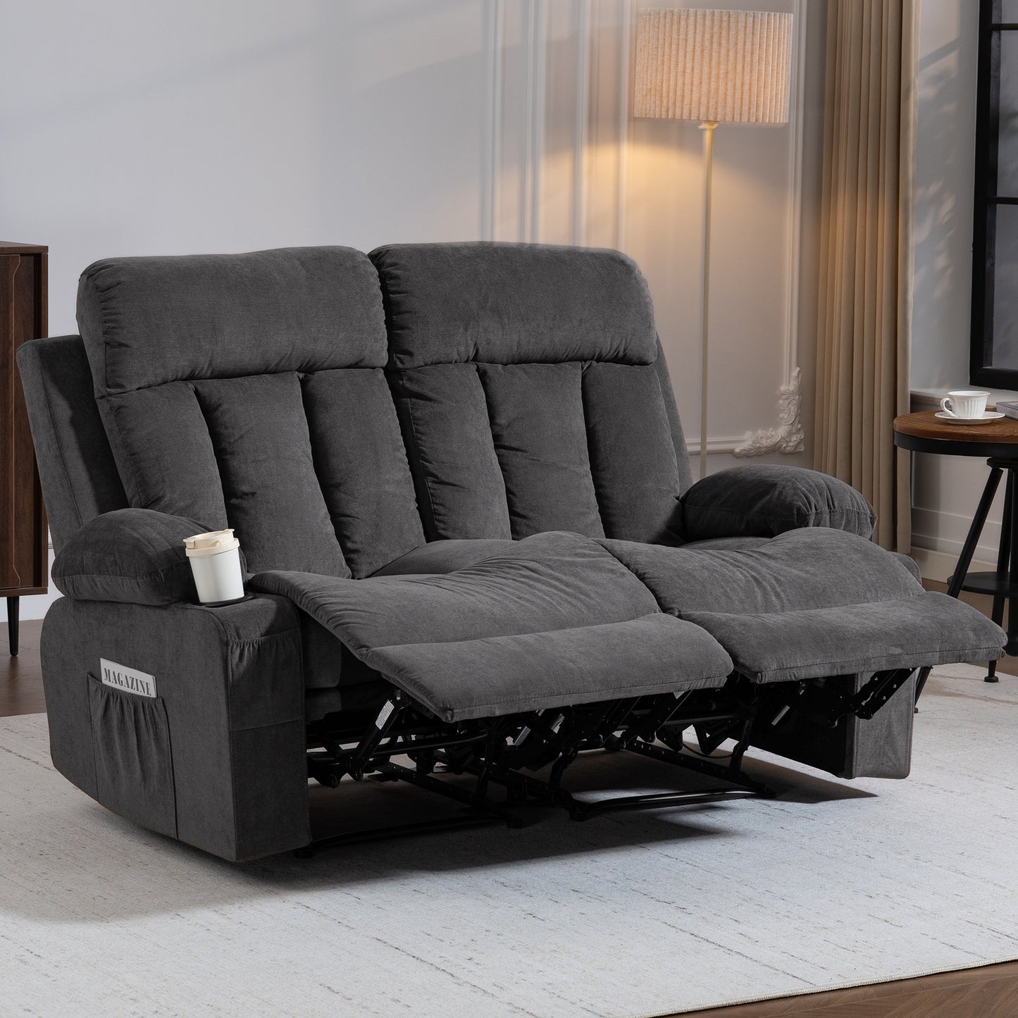 DELMANGO 2-Seater Loveseat Recliner Sofa with Cup Holders, Manual Reclining Dual Seat Couch for Living Room, Home Theater & Small Spaces, Grey