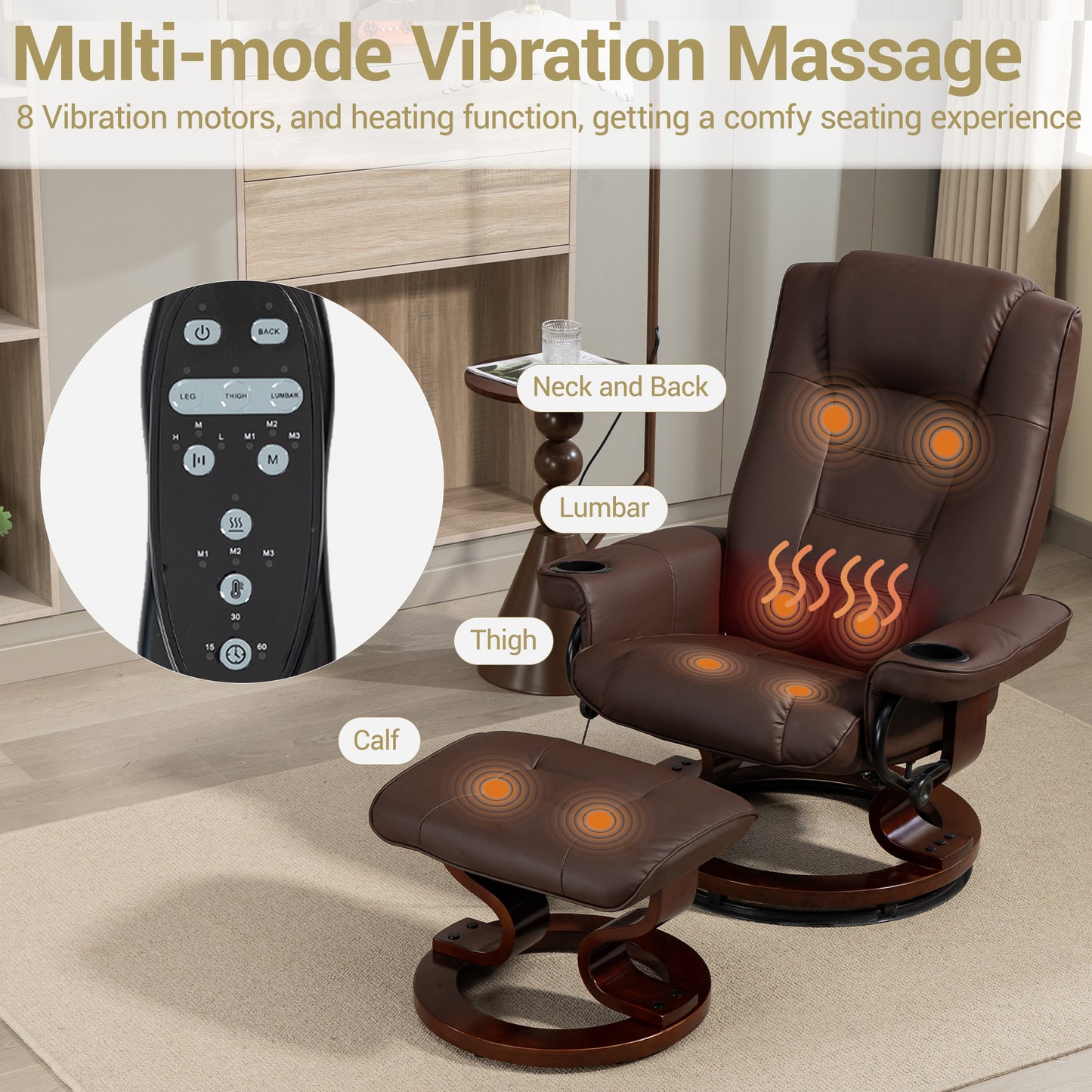 DELMANGO Swivel Massage Recliner with Ottoman, Adjustable Recline Wood Base Faux Leather Lounge Chair, Footrest Accent Chair for Living Room & Bedroom, Brown