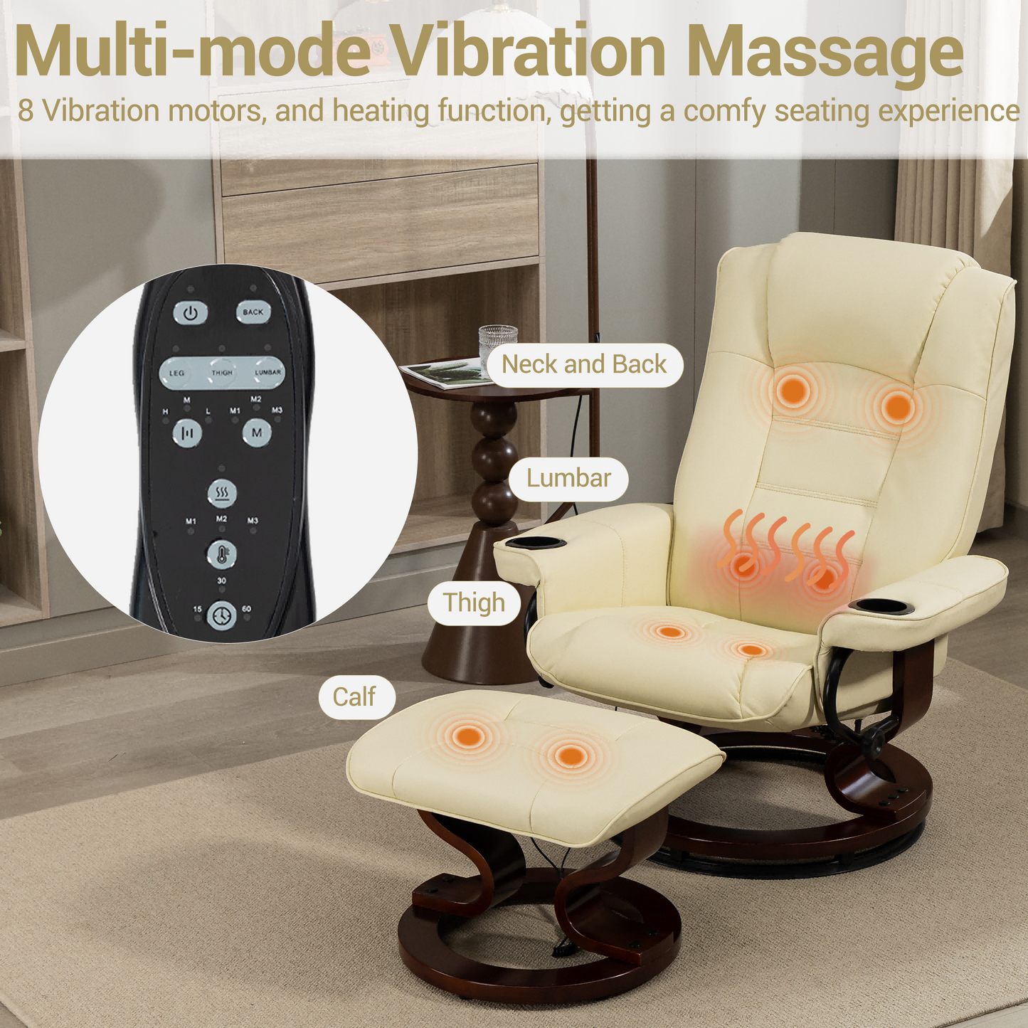 DELMANGO Swivel Massage Recliner with Ottoman, Adjustable Recline Wood Base Faux Leather Lounge Chair, Footrest Accent Chair for Living Room & Bedroom, Beige