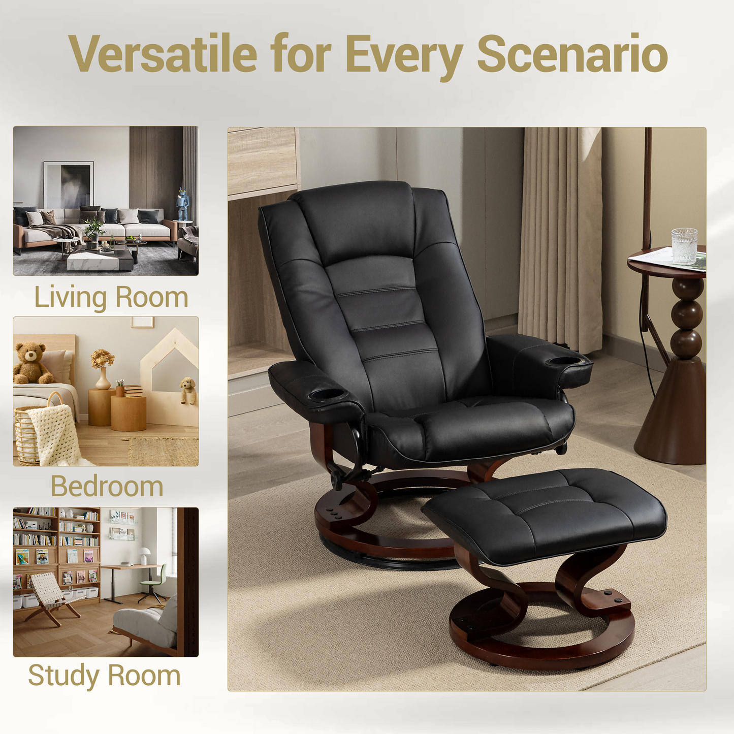 DELMANGO Swivel Recliner Chair with Ottoman, Wood Base Faux Leather Lounge Chair with Footrest, Accent Chair for Living Room & Bedroom, Black