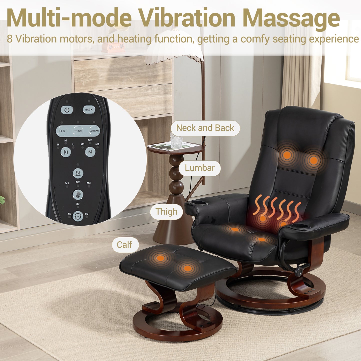 DELMANGO Swivel Massage Recliner with Ottoman, Adjustable Recline Wood Base Faux Leather Lounge Chair, Footrest Accent Chair for Living Room & Bedroom, Black