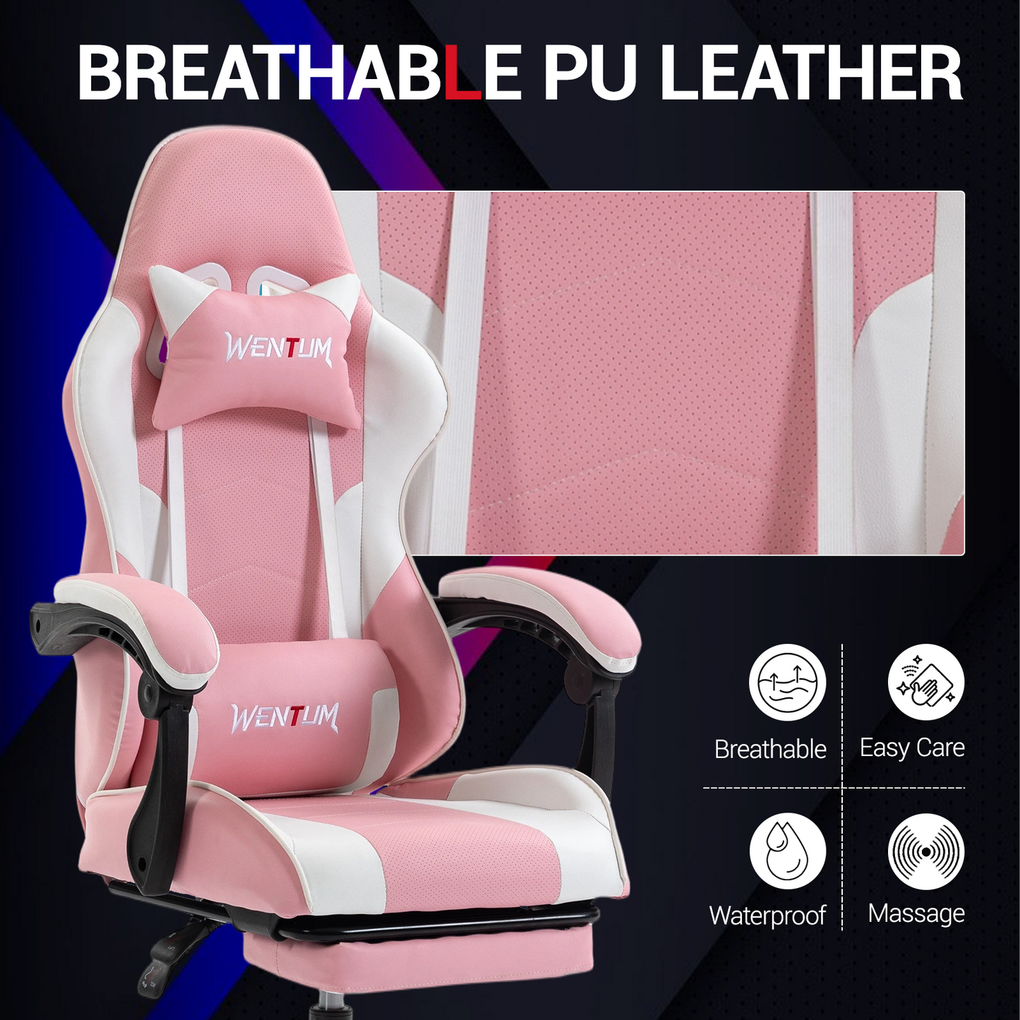 DELMANGO Ergonomic Reclining Gaming Chair with Linkage Armrests & Footrest, Racing Style Office Chair, PU Leather Computer Desk Chair, Pink