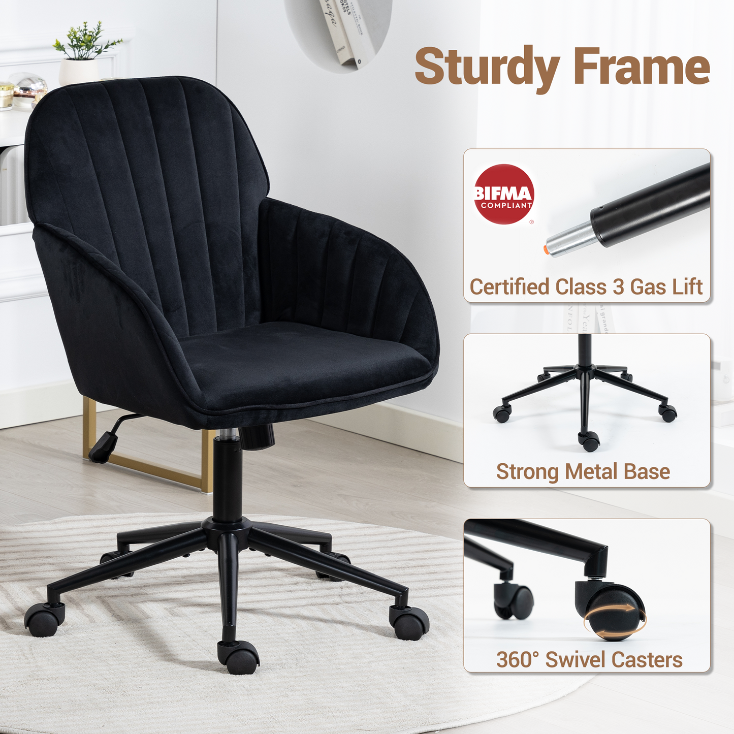 DELMANGO Velvet Adjustable Desk Chair with Gold Base & Wheels, Modern Swivel Vanity Office Chair for Home, Living Room, Bedroom & Study, Black