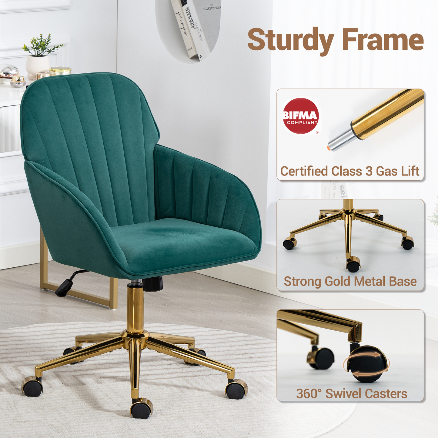 DELMANGO Velvet Adjustable Desk Chair with Gold Base & Wheels, Modern Swivel Vanity Office Chair for Home, Living Room, Bedroom & Study, Green