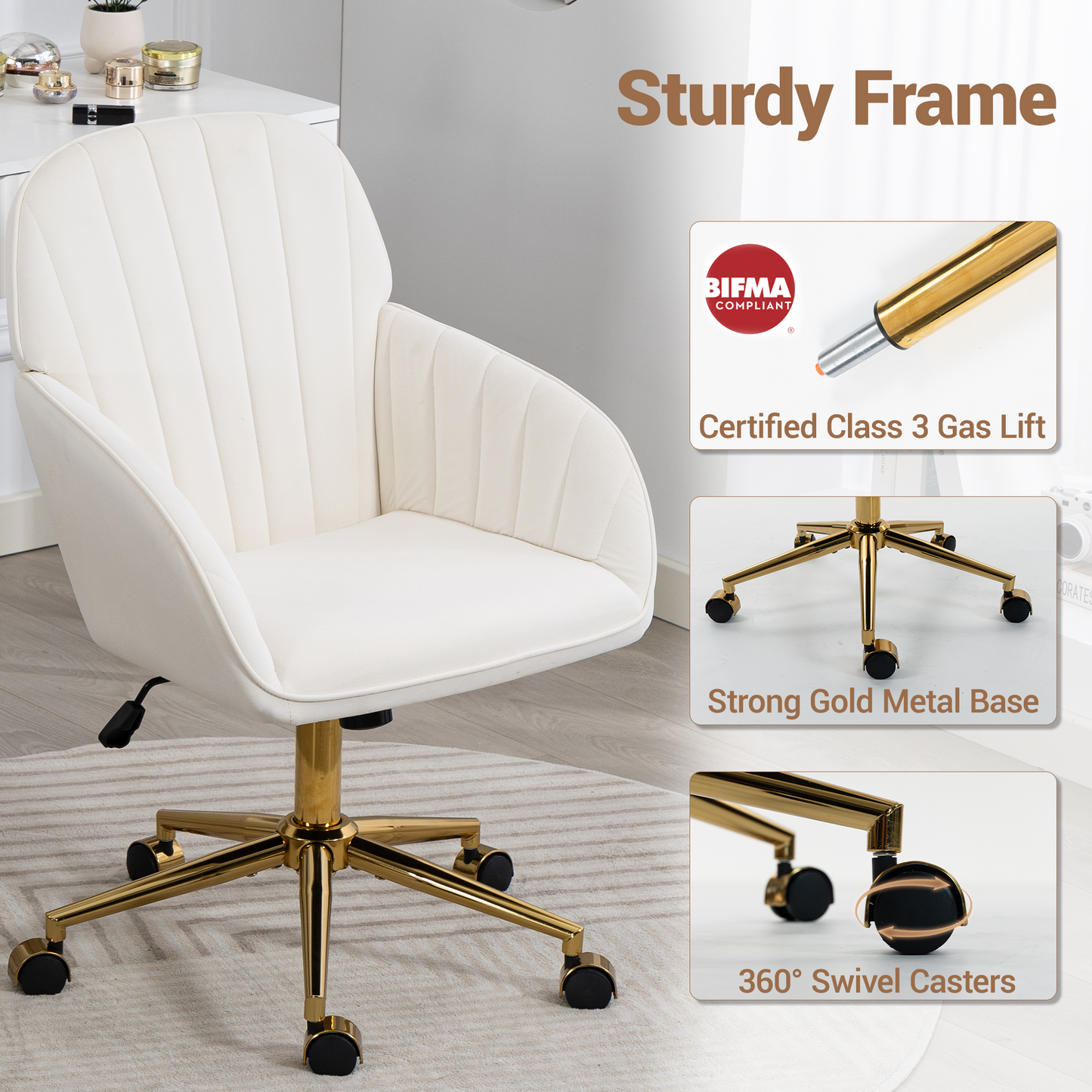 DELMANGO Velvet Adjustable Desk Chair with Gold Base & Wheels, Modern Swivel Vanity Office Chair for Home, Living Room, Bedroom & Study, Beige