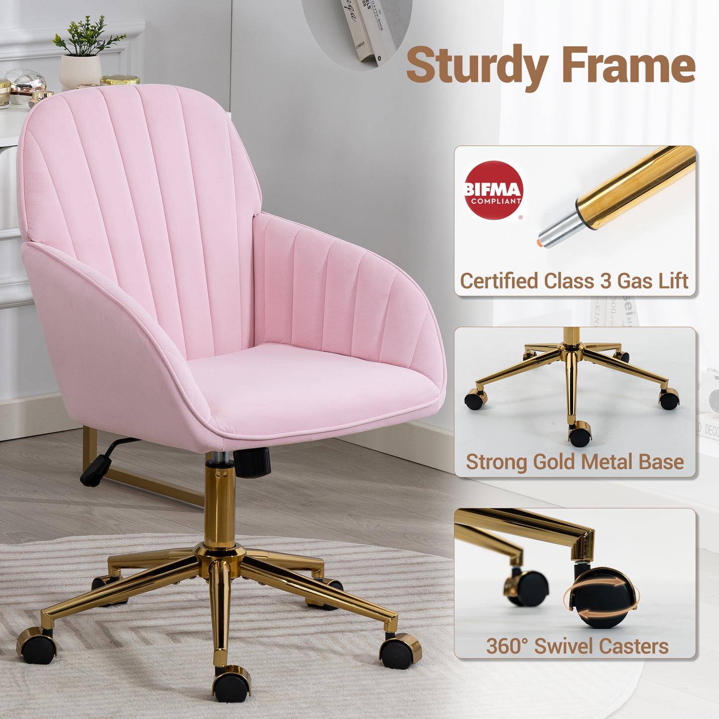 DELMANGO Velvet Adjustable Desk Chair with Gold Base & Wheels, Modern Swivel Vanity Office Chair for Home, Living Room, Bedroom & Study, Pink