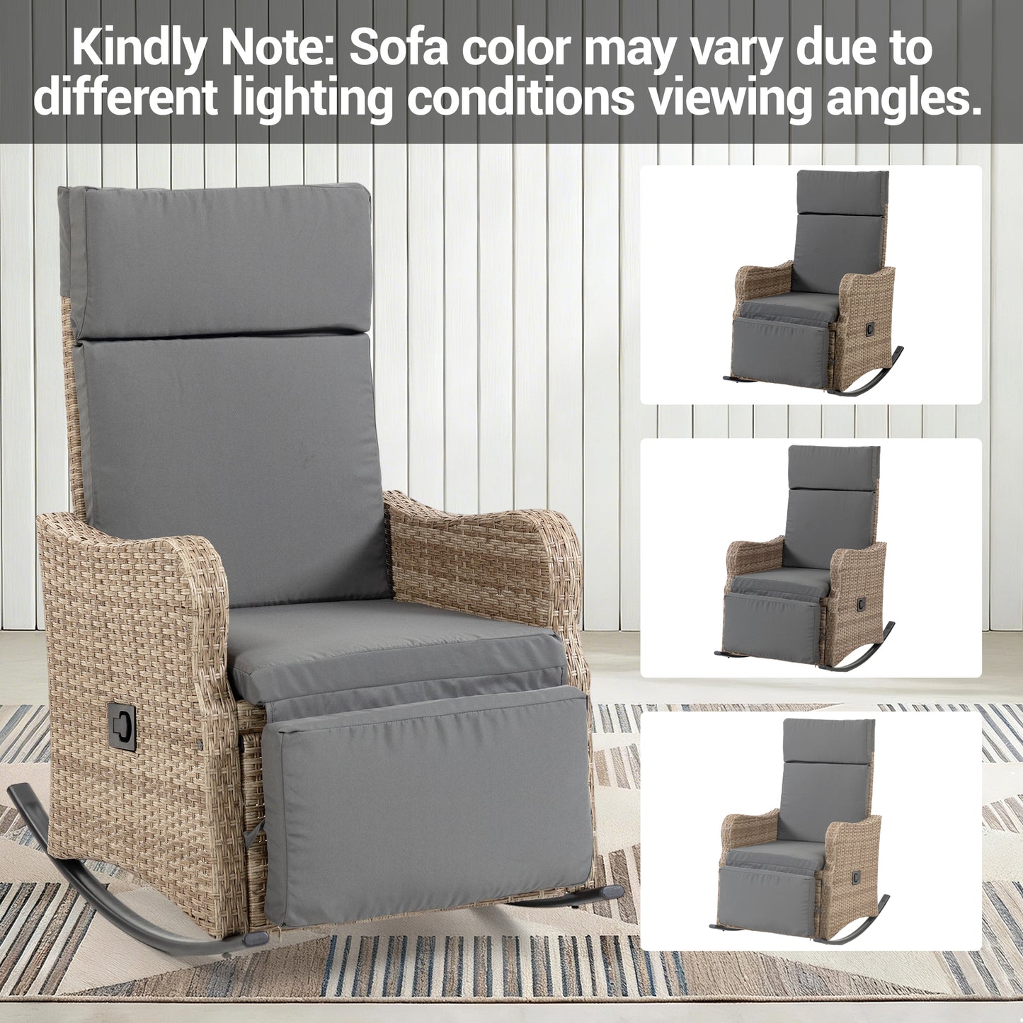 DELMANGO 2-in-1 Outdoor Recliner Chair, Gray – Rocking/Flat Footrest, 90°–135° Reclining Backrest, Rattan Wicker & Removable Cushion for Patio, Garden, Balcony, Porch