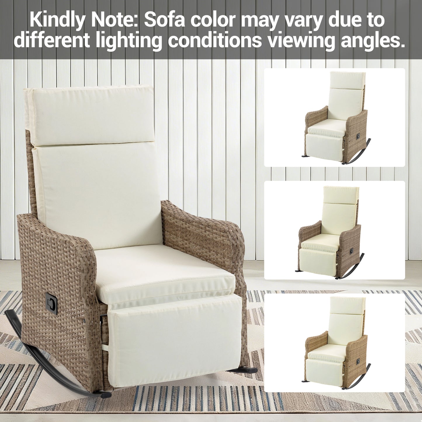 DELMANGO 2-in-1 Outdoor Recliner Chair set of 2, White – Rocking/Flat Footrest, 90°–135° Reclining Backrest, Rattan Wicker & Removable Cushion for Patio, Garden, Balcony, Porch