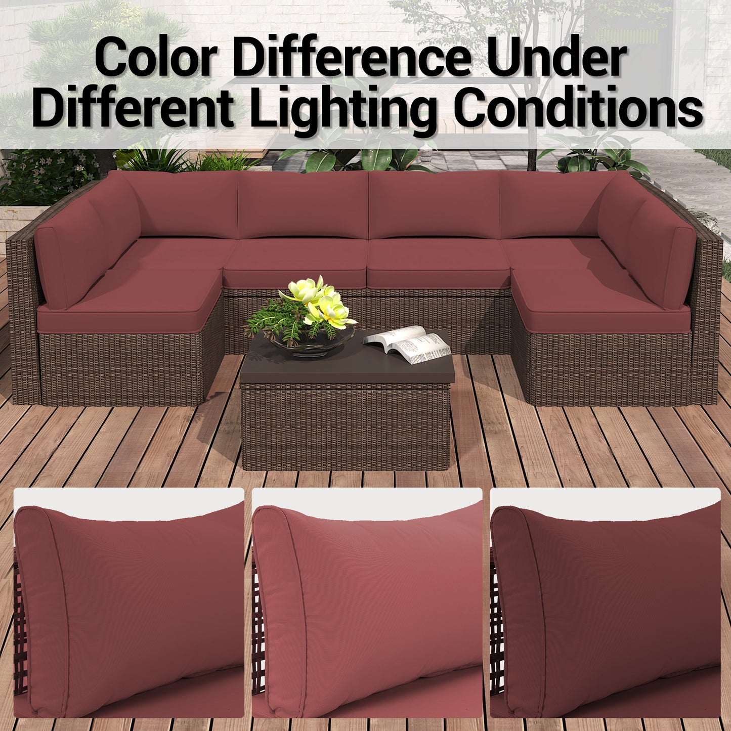 DELMANGO Outdoor Replacement Cushions 14-Piece Deep Seat Water-Resistant Patio Furniture Cushions for 6-Seat Sectional Rattan Sets, Red