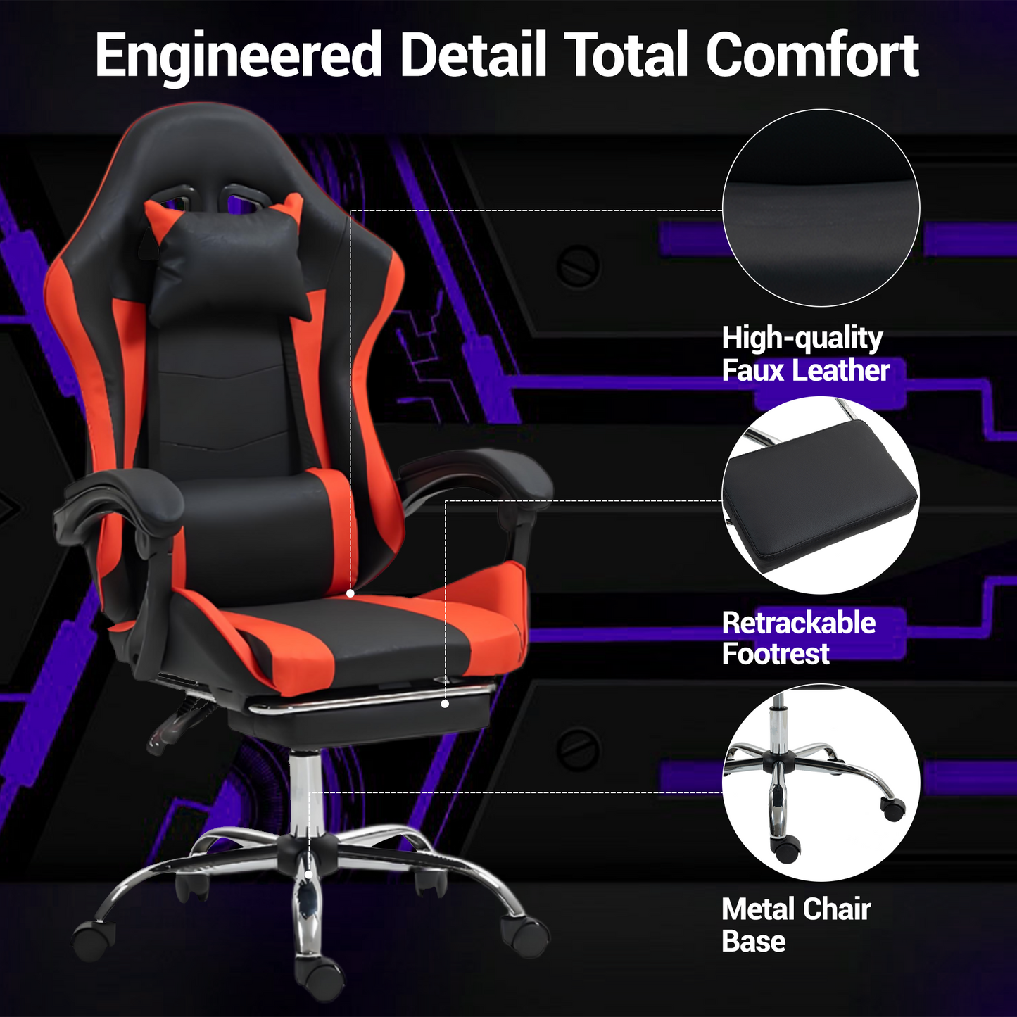 DELMANGO Massage Gaming Chair - Ergonomic Office Chair with Adjustable Headrest & Footrest, 90-135¡ã Recline & 360¡ã Swivel, Red