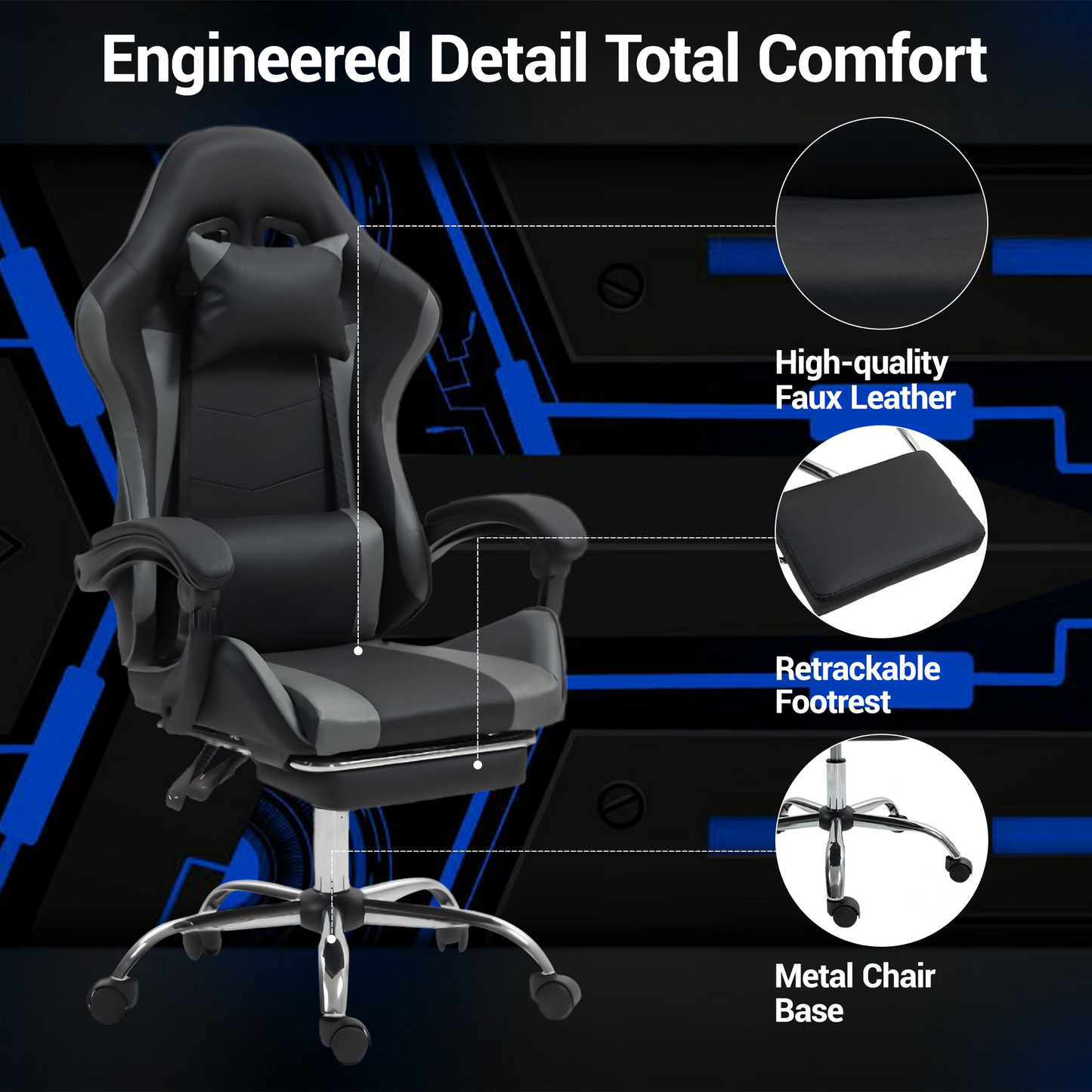 DELMANGO Ergonomic Video Game Chair with Massage Lumbar Support, Adjustable Headrest & Footrest, 90-135¡ã Recline & 360¡ã Swivel, Grey