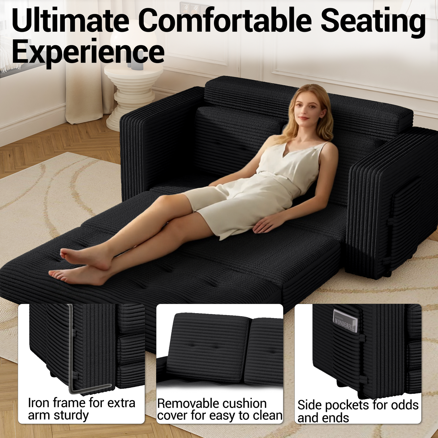 DELMANGO Convertible Loveseat Sleeper Sofa, Boneless Pull-Out Folding Couch Bed with Pillows for Living Room & Bedroom, Black