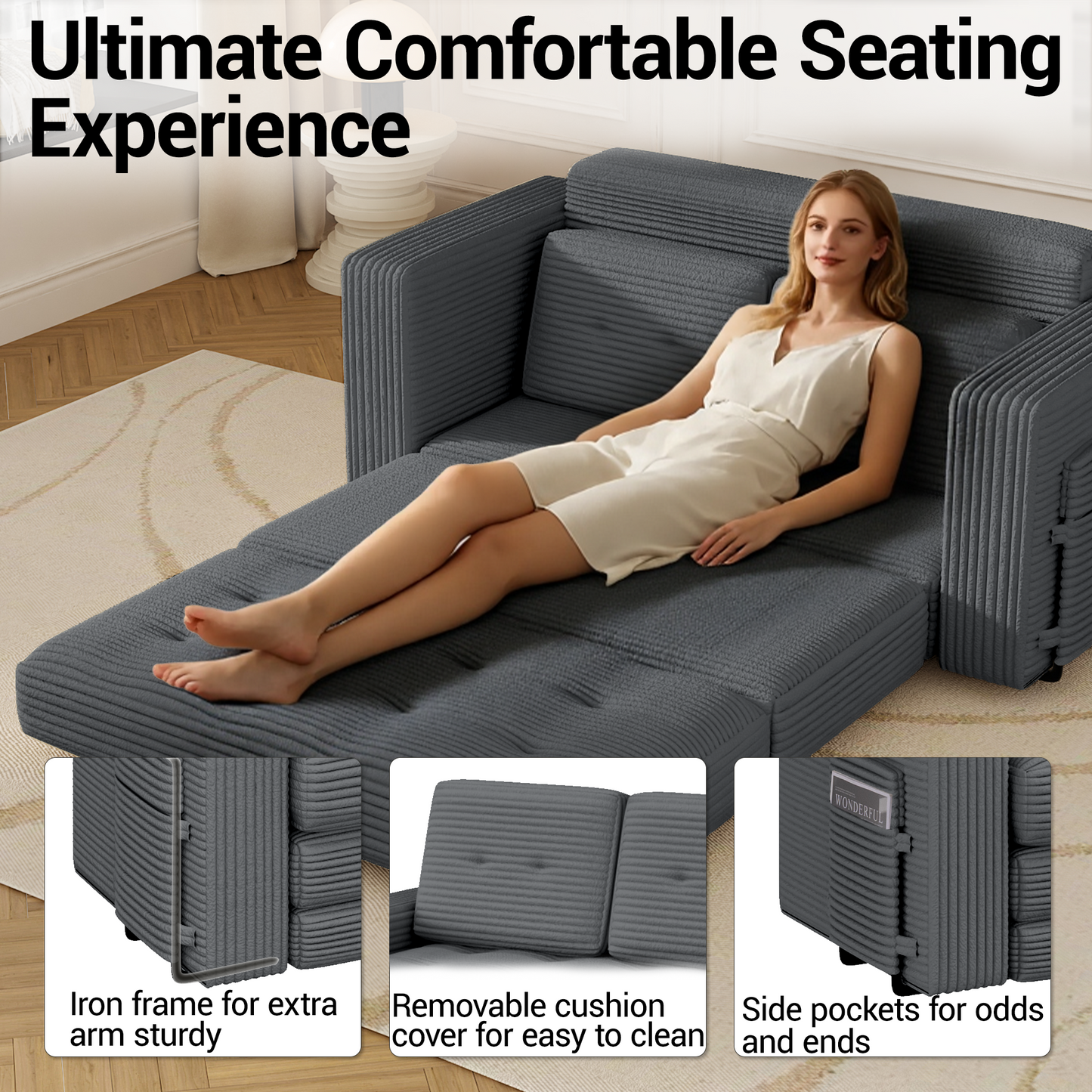 DELMANGO Convertible Loveseat Sleeper Sofa, Boneless Pull-Out Folding Couch Bed with Pillows for Living Room & Bedroom, Grey