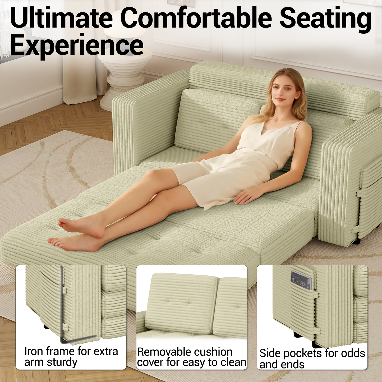 DELMANGO Convertible Loveseat Sleeper Sofa, Boneless Pull-Out Folding Couch Bed with Pillows for Living Room & Bedroom, Beige