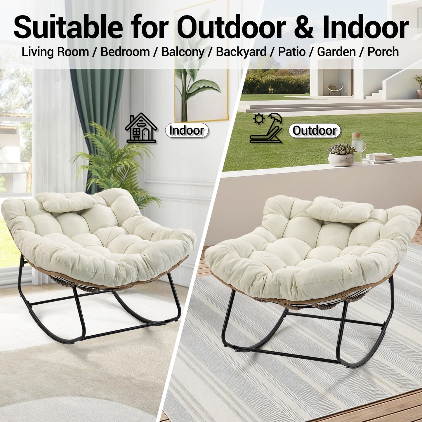 DELMANGO Rocking Egg Chair Outdoor Patio lounger with Thick Cushion Oversized Wicker Rocker Indoor Papasan lawn Chair for Living room Bedroom Porch Balcony Beige