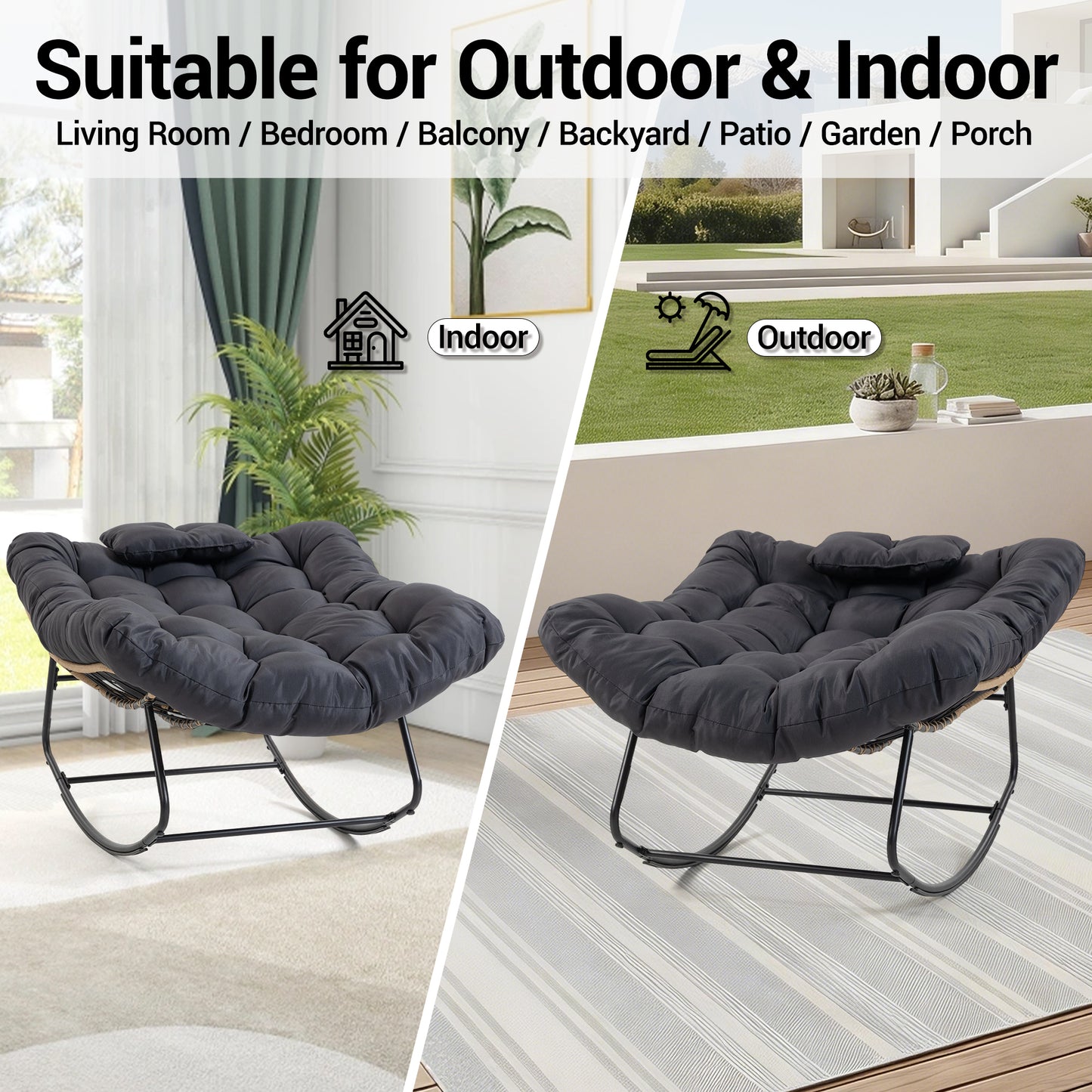 DELMANGO Rocking Egg Chair Outdoor Patio lounger with Thick Cushion Oversized Wicker Rocker Indoor Papasan lawn Chair for Living room Bedroom Porch Balcony Black