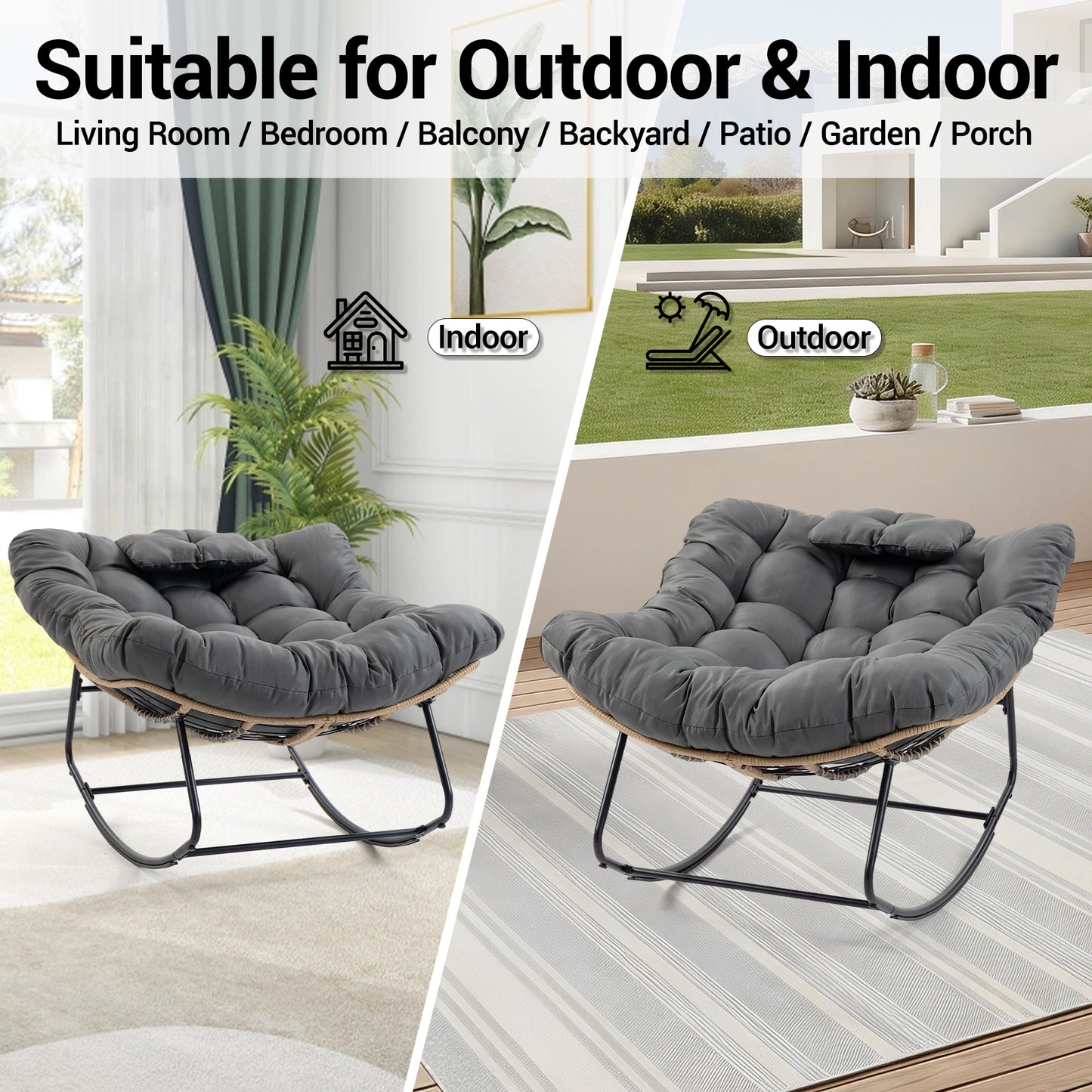 DELMANGO Rocking Egg Chair Outdoor Patio lounger with Thick Cushion Oversized Wicker Rocker Indoor Papasan lawn Chair for Living room Bedroom Porch Balcony Gray