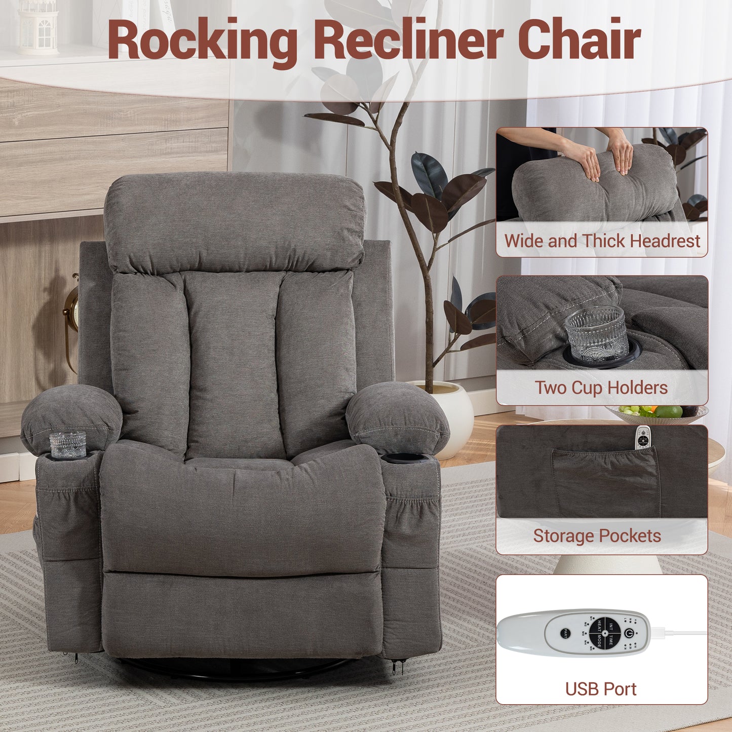 DELMANGO Swivel Rocker Recliner Chair with Vibration Massage & Heat, 360 Degree Rotating Lounge Chair for Adults, Ergonomic Rocking Chair with Side Pocket & Cup Holders, Grey