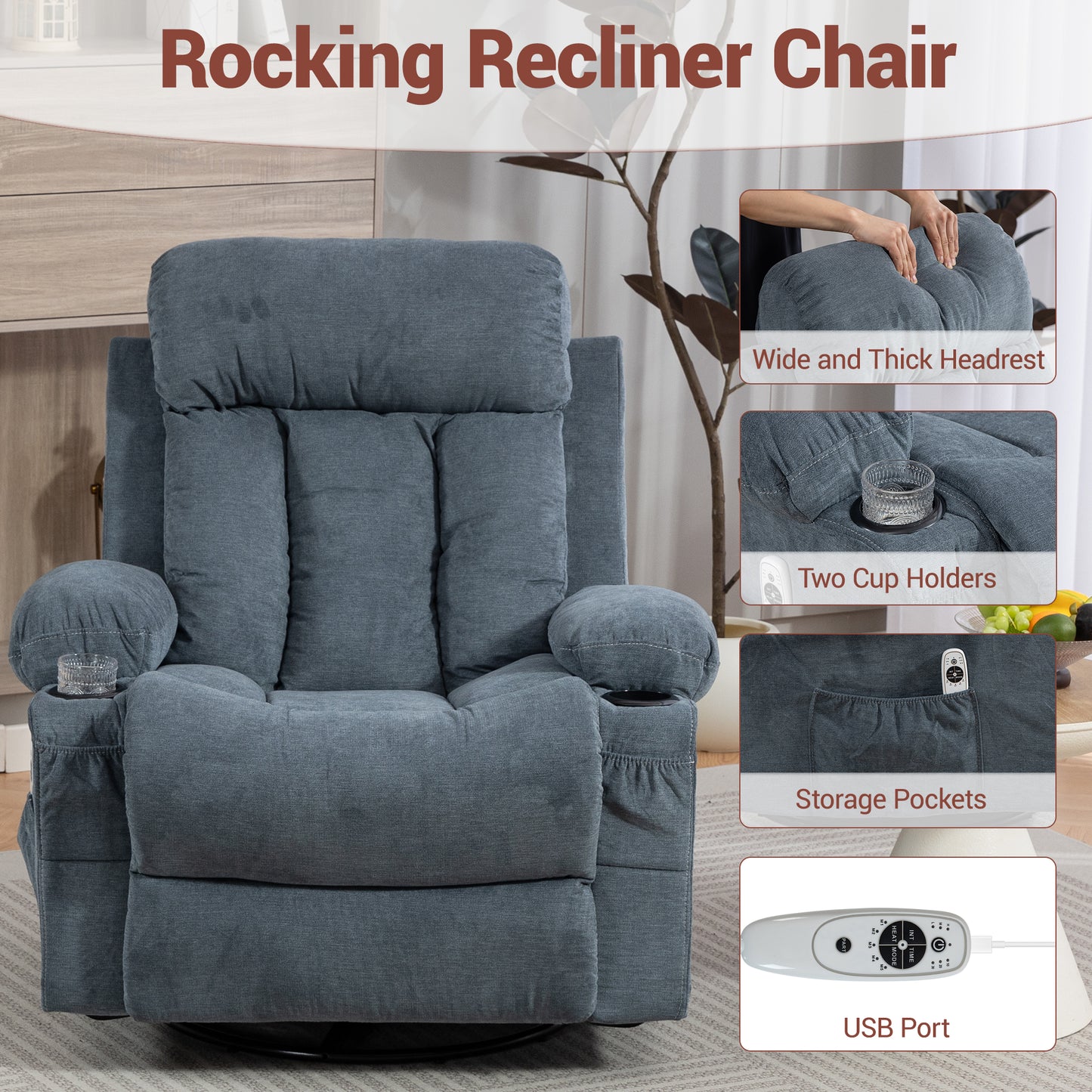 DELMANGO Swivel Rocker Recliner Chair with Vibration Massage & Heat, 360 Degree Rotating Lounge Chair for Adults, Ergonomic Rocking Chair with Side Pocket & Cup Holders, Blue