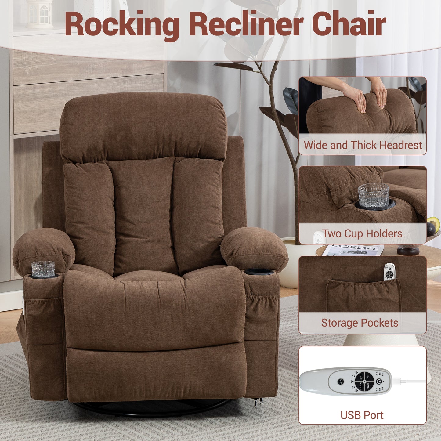 DELMANGO Swivel Rocker Recliner Chair with Vibration Massage & Heat, 360 Degree Rotating Lounge Chair for Adults, Ergonomic Rocking Chair with Side Pocket & Cup Holders, Brown