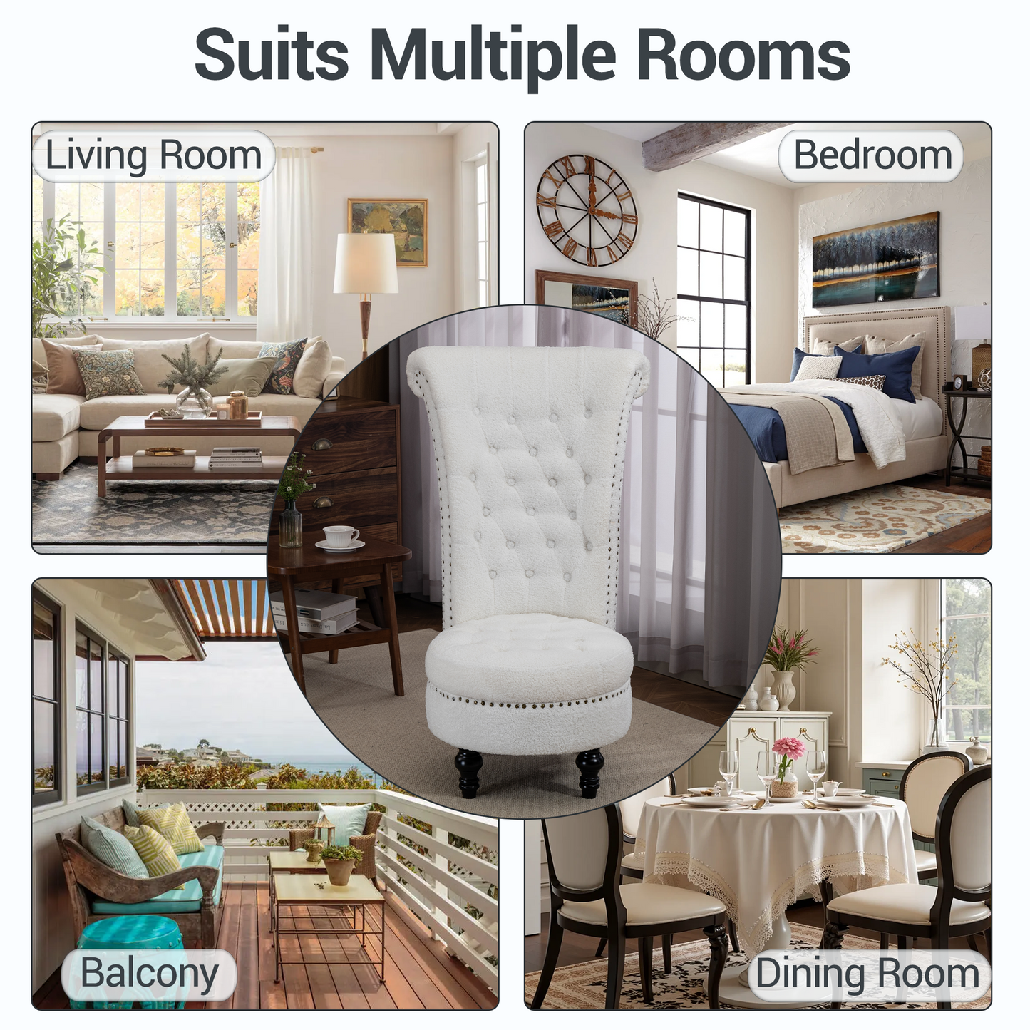 DELMANGO Teddy Throne Chair with Storage, Armless High-Back Accent Chair with Nailhead Trim & Solid Rubberwood Legs, for Living Room and Bedroom, White