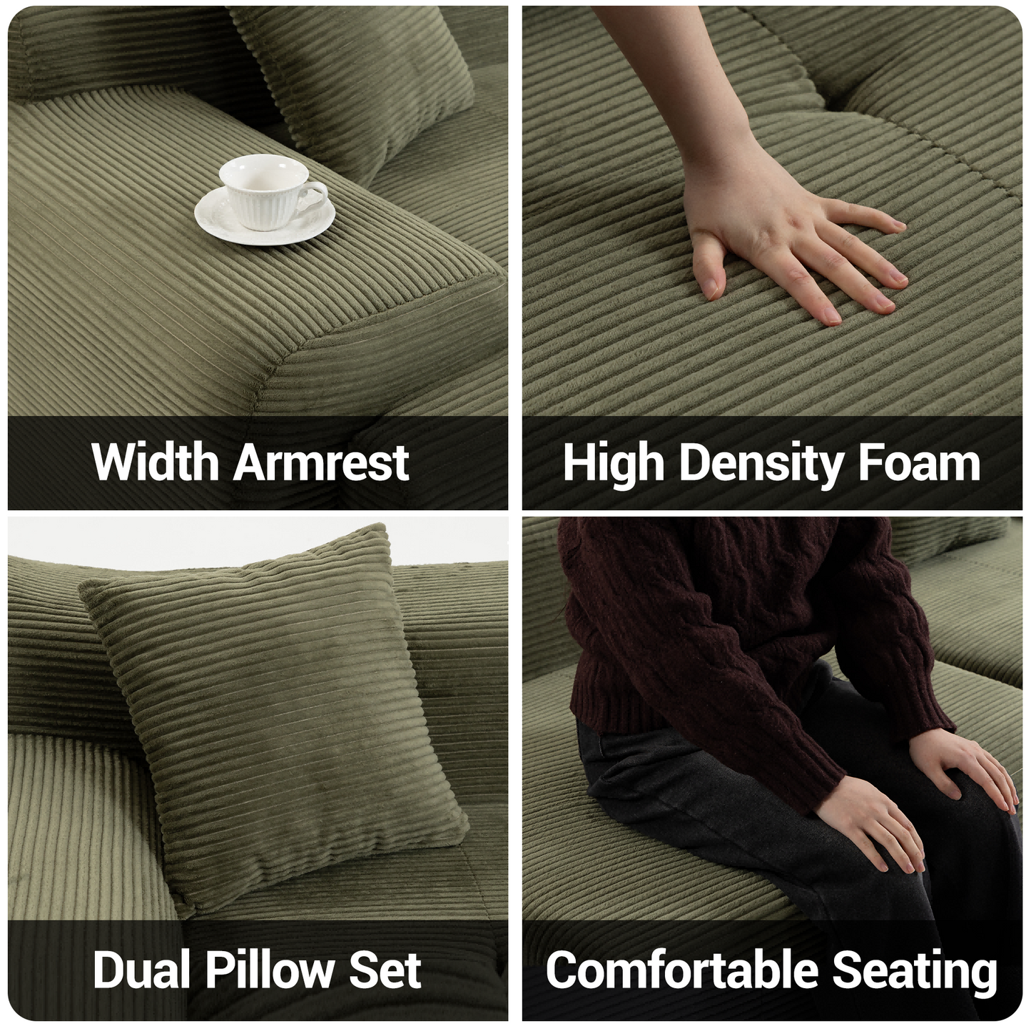 DELMANGO 119'' Cloud Sectional Sofa, Boneless Sofa with Chaise, Flexible Module Combination for Living Room, No Assembly, Green
