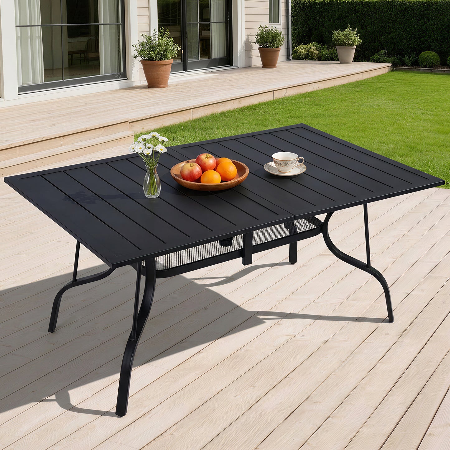 DELMANGO 63"x38" Outdoor Dining Table for 6, Metal Rectangle Patio Dining Table with Adjustable Umbrella Hole for Garden, Backyard and Porch, Black