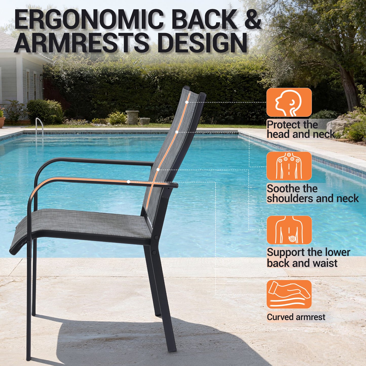 DELMANGO Patio Chairs Set of 4, Outdoor Dining Chairs High Back, All-Weather Padded Textilene Dining Chair for Lawn Porch Garden, Gray(Set of 4)
