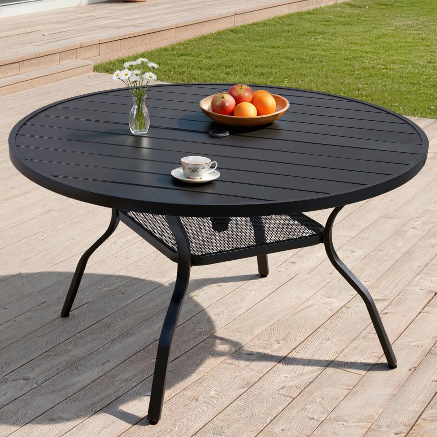 DELMANGO 55" Outdoor Dining Table for 6-8, Metal Round Patio Dining Table with Adjustable Umbrella Hole for Garden, Backyard and Porch, Black