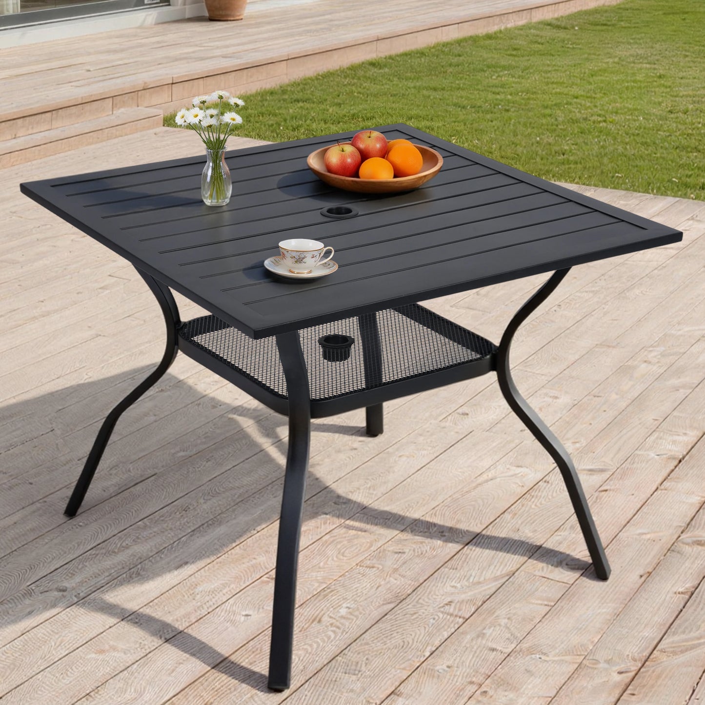 DELMANGO 37" Outdoor Dining Table for 4, Metal Square Patio Dining Table with Adjustable Umbrella Hole for Garden, Backyard and Porch, Black