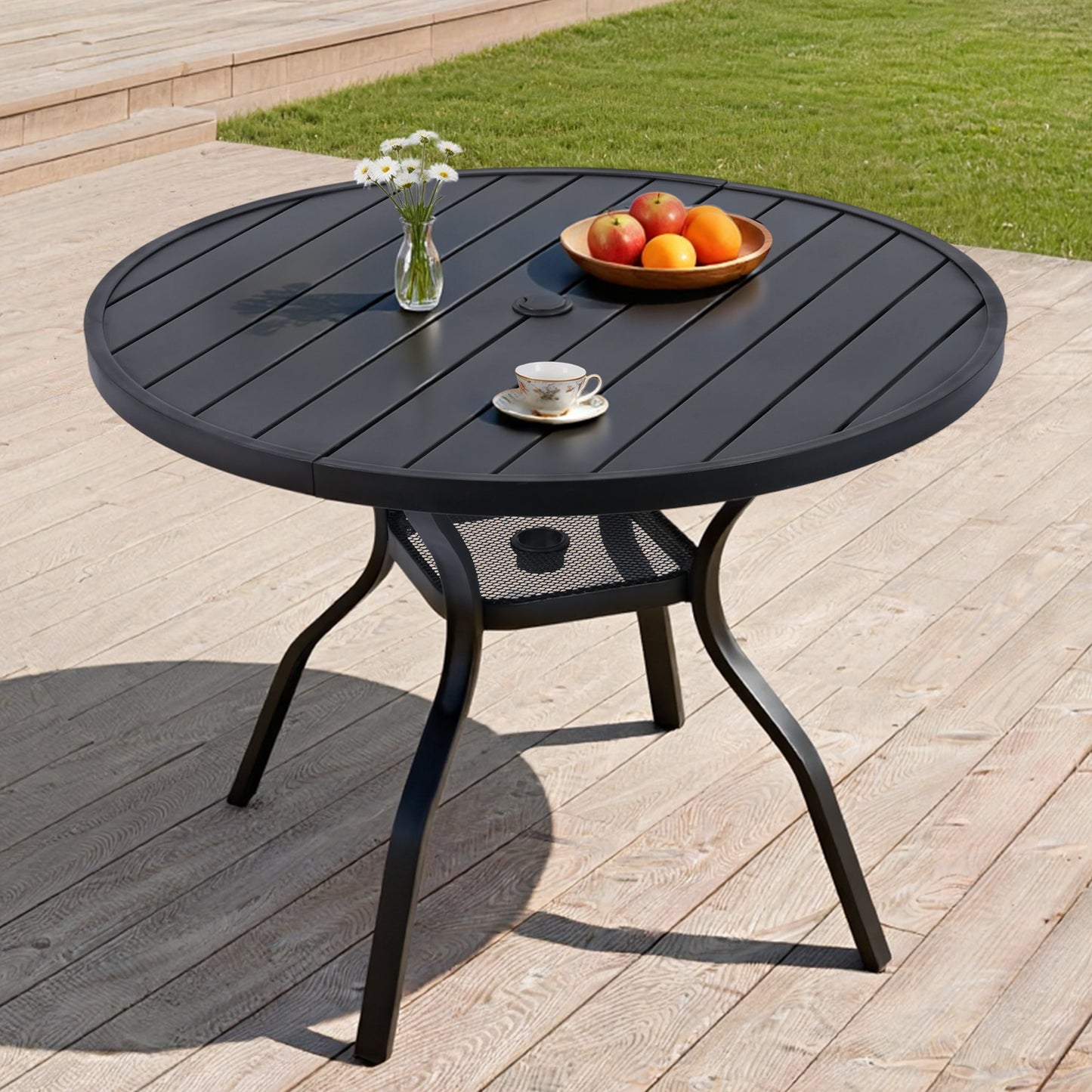 DELMANGO 41" Outdoor Dining Table for 4, Metal Round Patio Dining Table with Adjustable Umbrella Hole for Garden, Backyard and Porch, Black