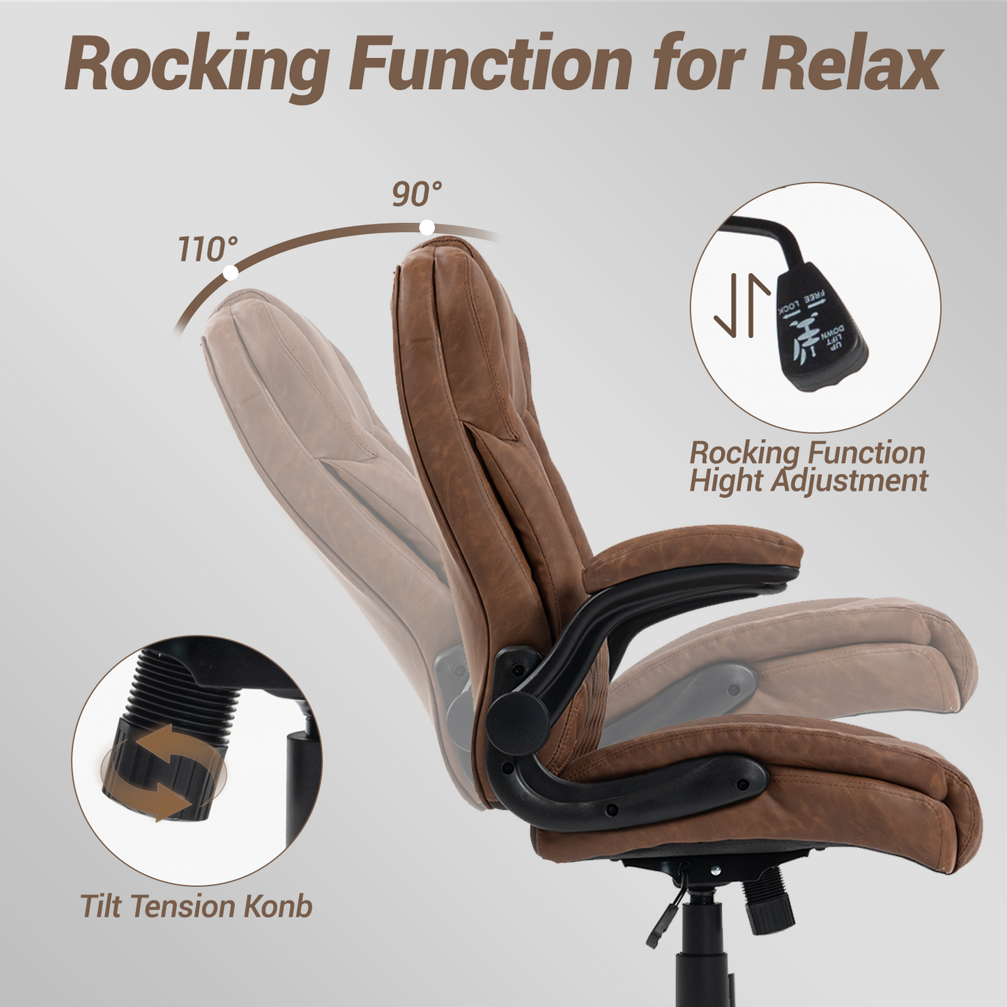 DELMANGO High-Back Executive Office Chair, Ergonomic Computer Desk Chair with Rocking Feature, PU Leather, Flip-Up Armrests and Lumbar Support, Brown