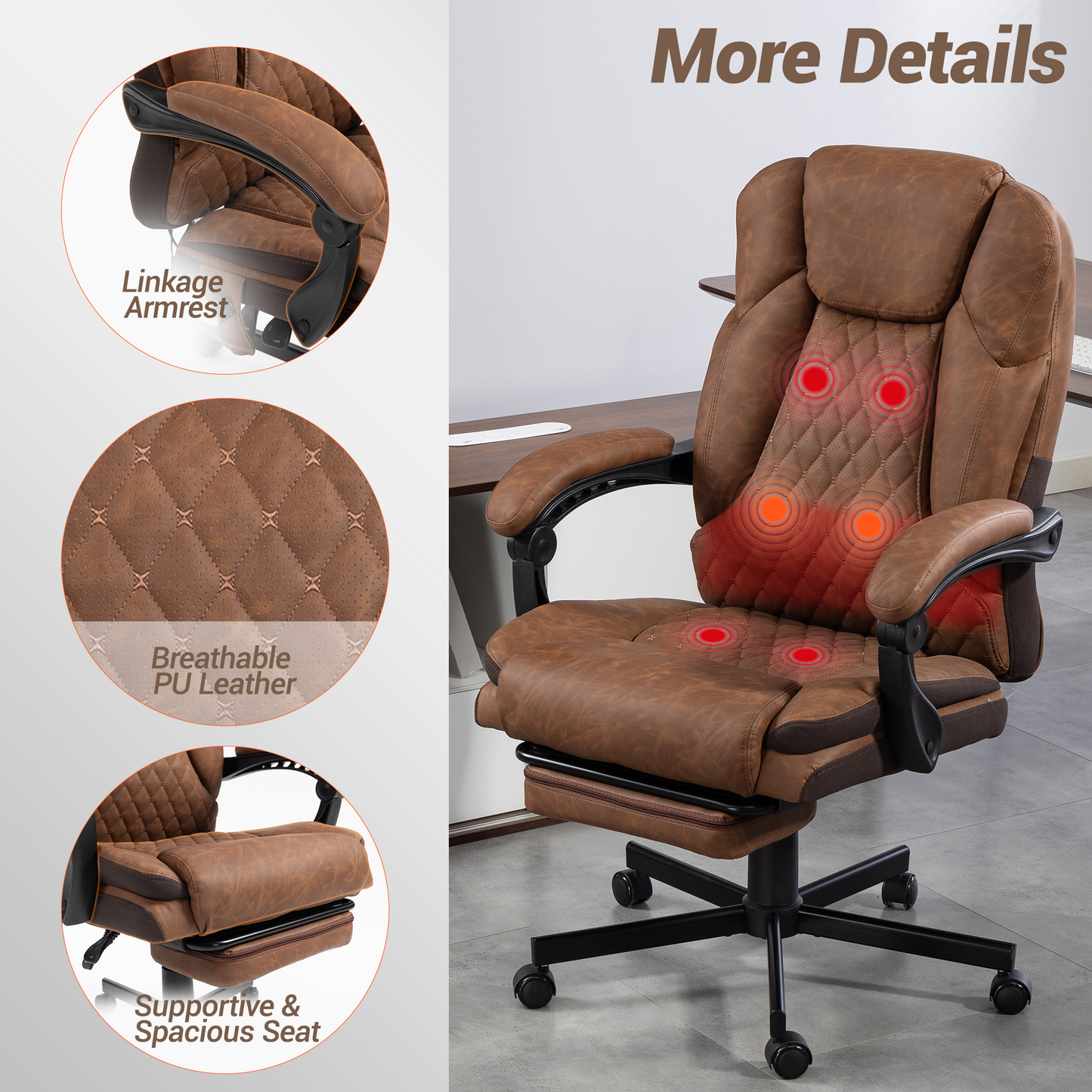 DELMANGO Massage Office Chair with Footrest, 6-Point Vibration Heating Executive Desk Chair, Ergonomic Home Office Chair, Brown