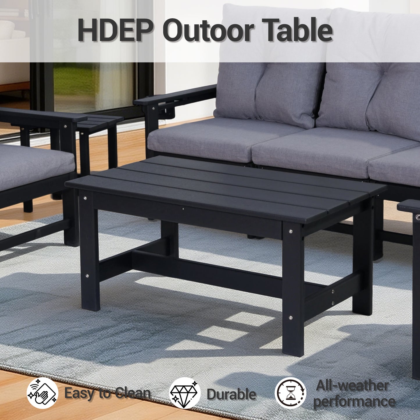 DELMANGO Patio Furniture Sets,7 Pieces Outdoor Conversation Set with Removable Washable Cushion,Wood Tepoy and Table Black