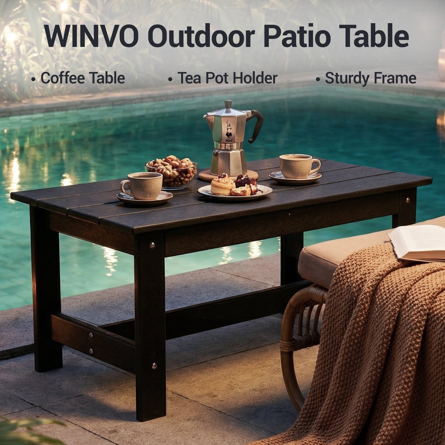 DELMANGO Outdoor HDPE Coffee Table Black